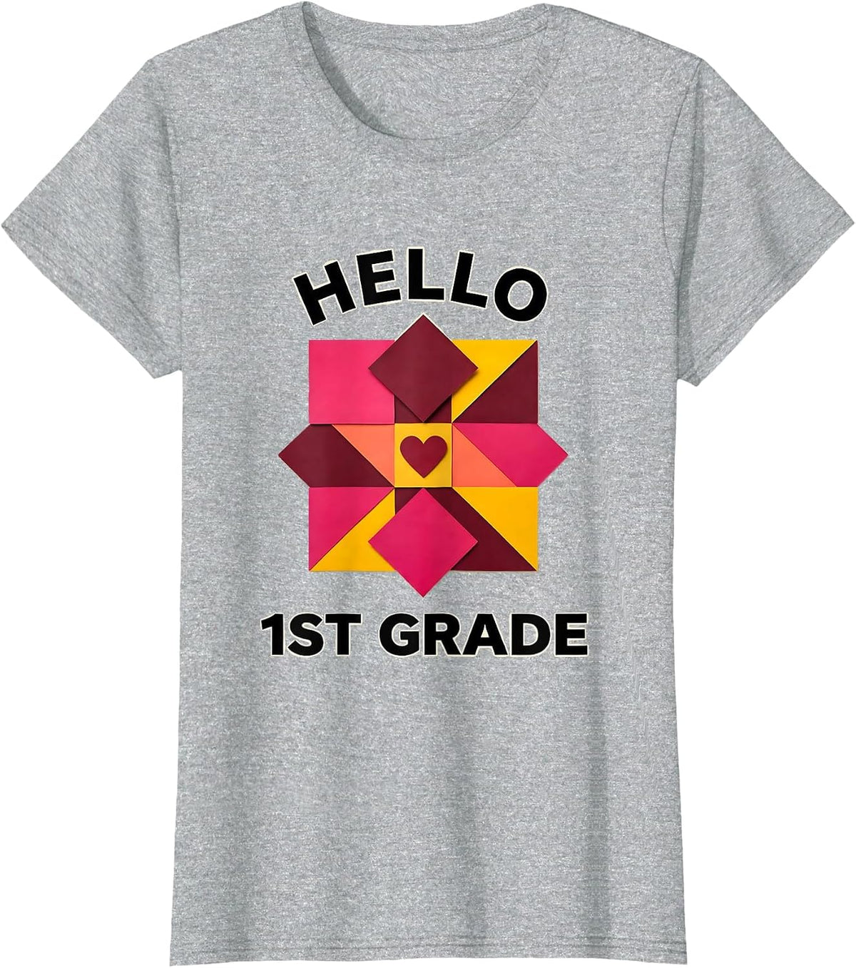 Hello 1st Grade Quilt Block Patchwork Back To School Teacher T-Shirt - Heather Grey