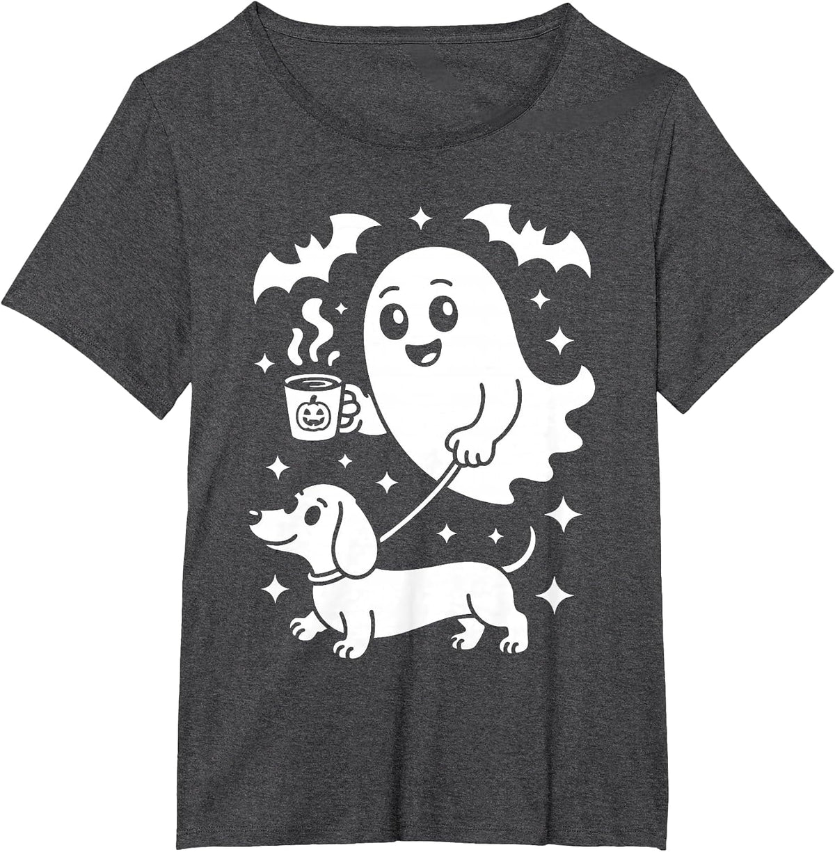 Cute Ghost Walking Dog Dachshund Coffee Halloween Costume T-Shirt - Dark Heather Grey