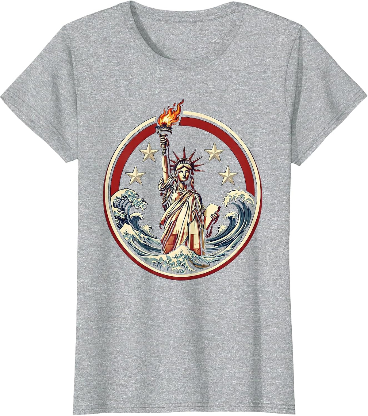 Red White and Blue Torch Bearer Ocean Waves T-Shirt - Heather Grey
