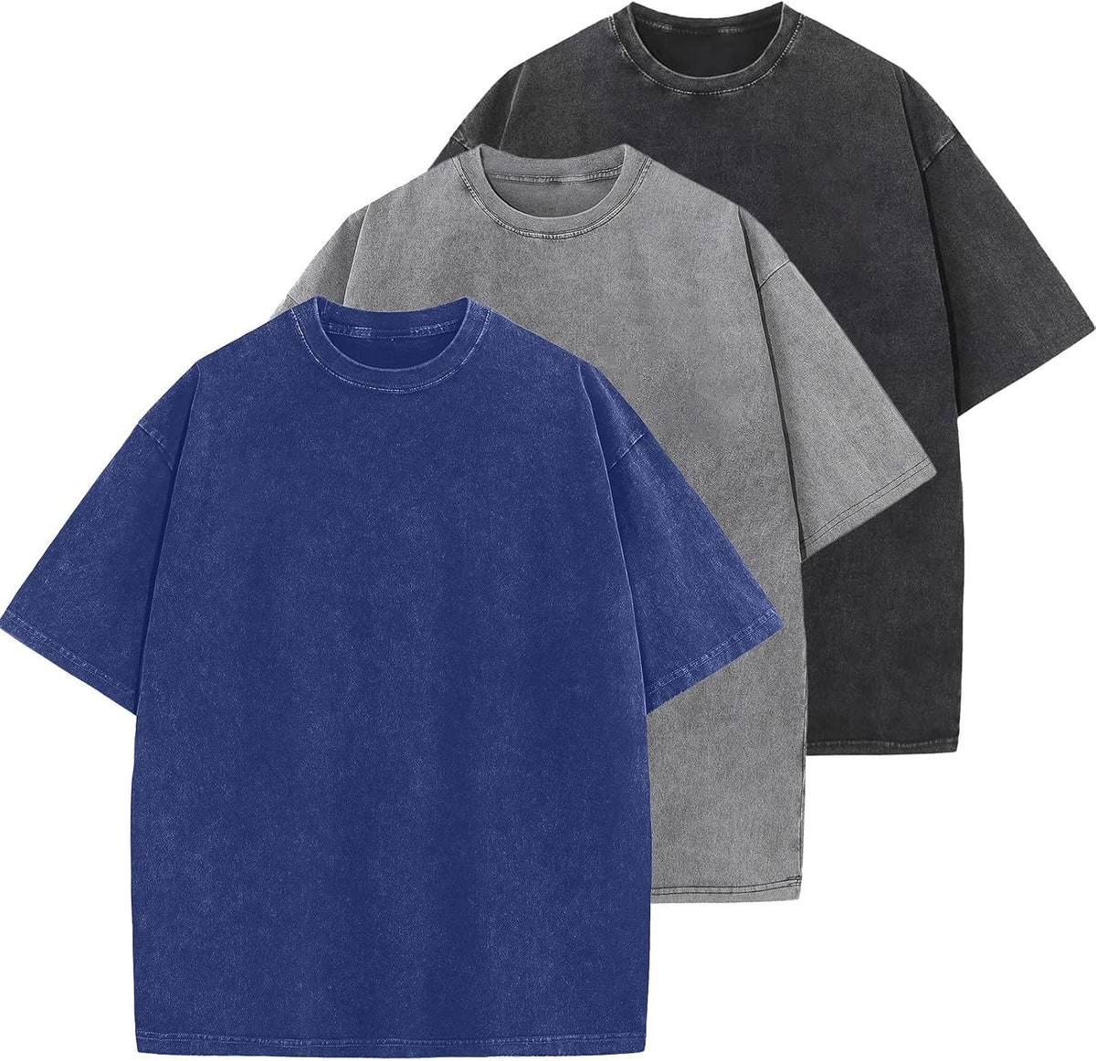 Men's Cotton T-Shirts Oversized Unisex Short Sleeves Casual Loose Wash Solid Basic Tee Tops - A-blue+grey+black
