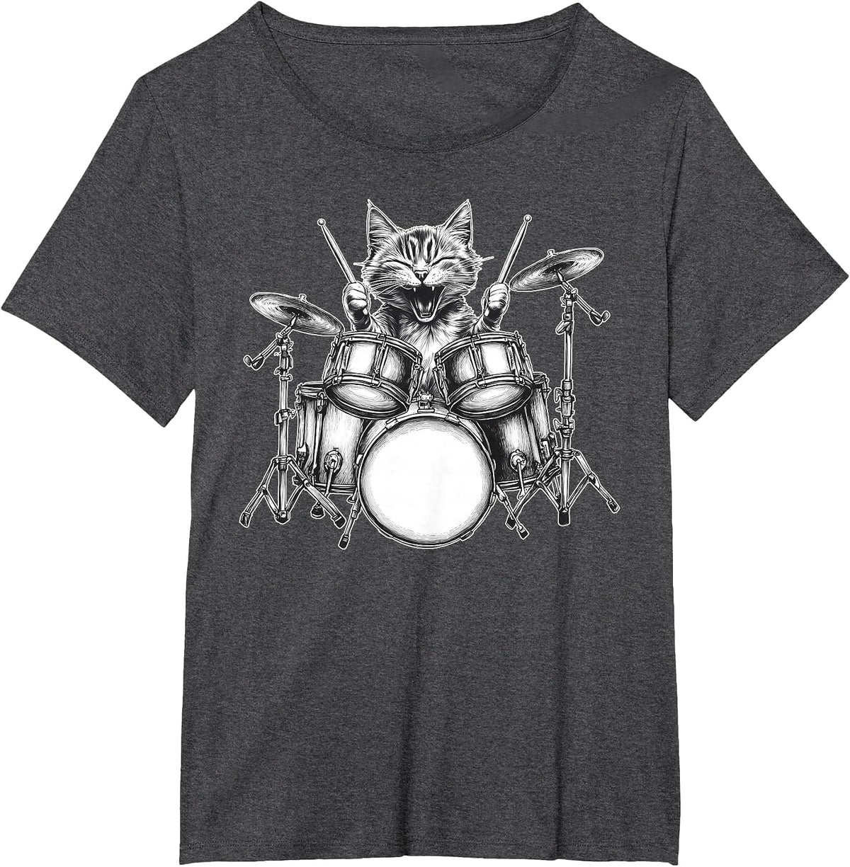 Cat Playing Drum Percussionist Drummer Rock & Roll Music T-Shirt - Dark Heather Grey