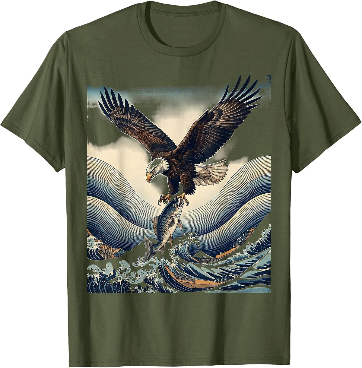 Men's Eagle Diving at Jumping Fish Fishing Graphic T-Shirt - Olive Green