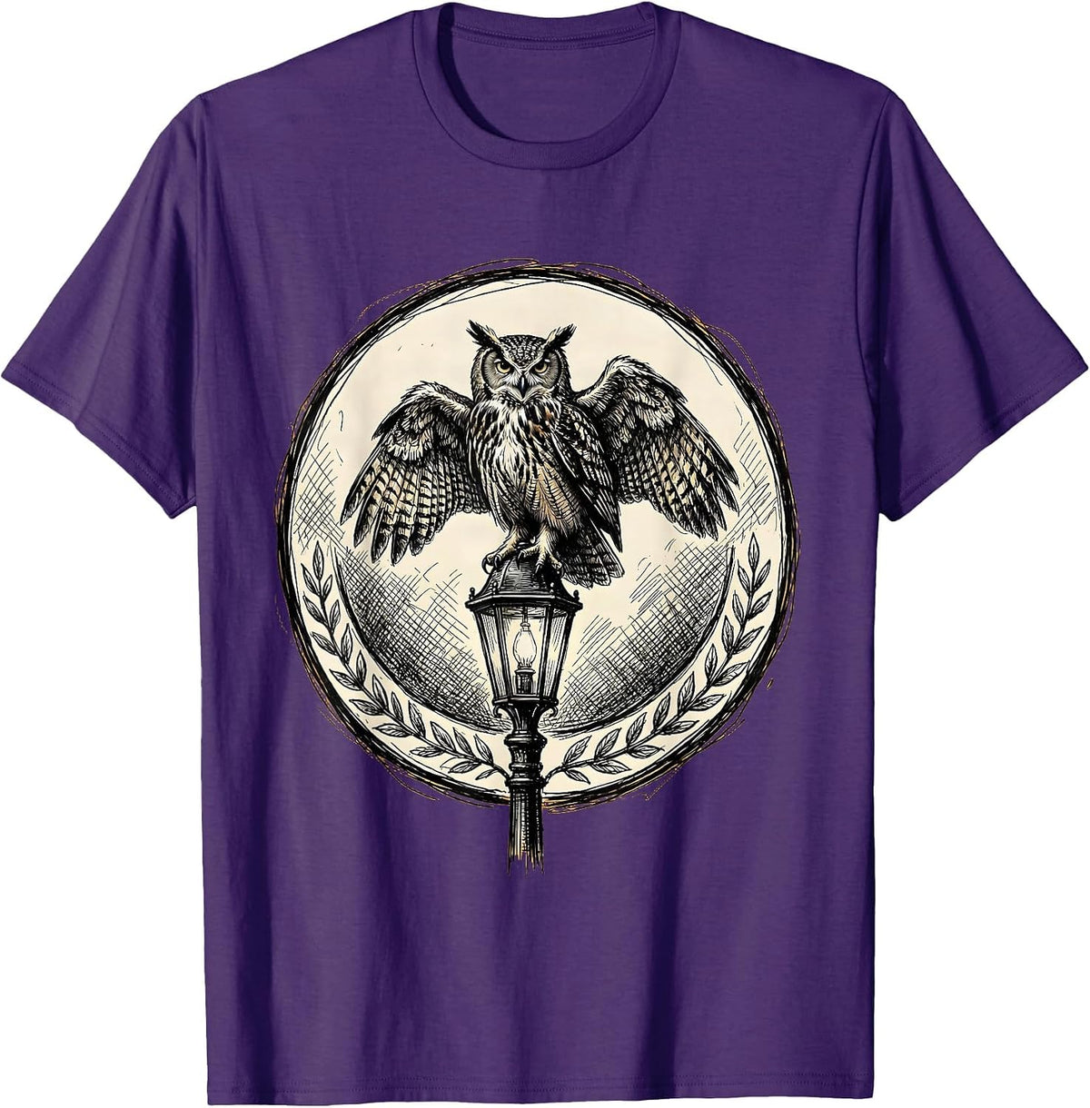 Owl on Library Lamp Post College Campus Art T-Shirt - Purple