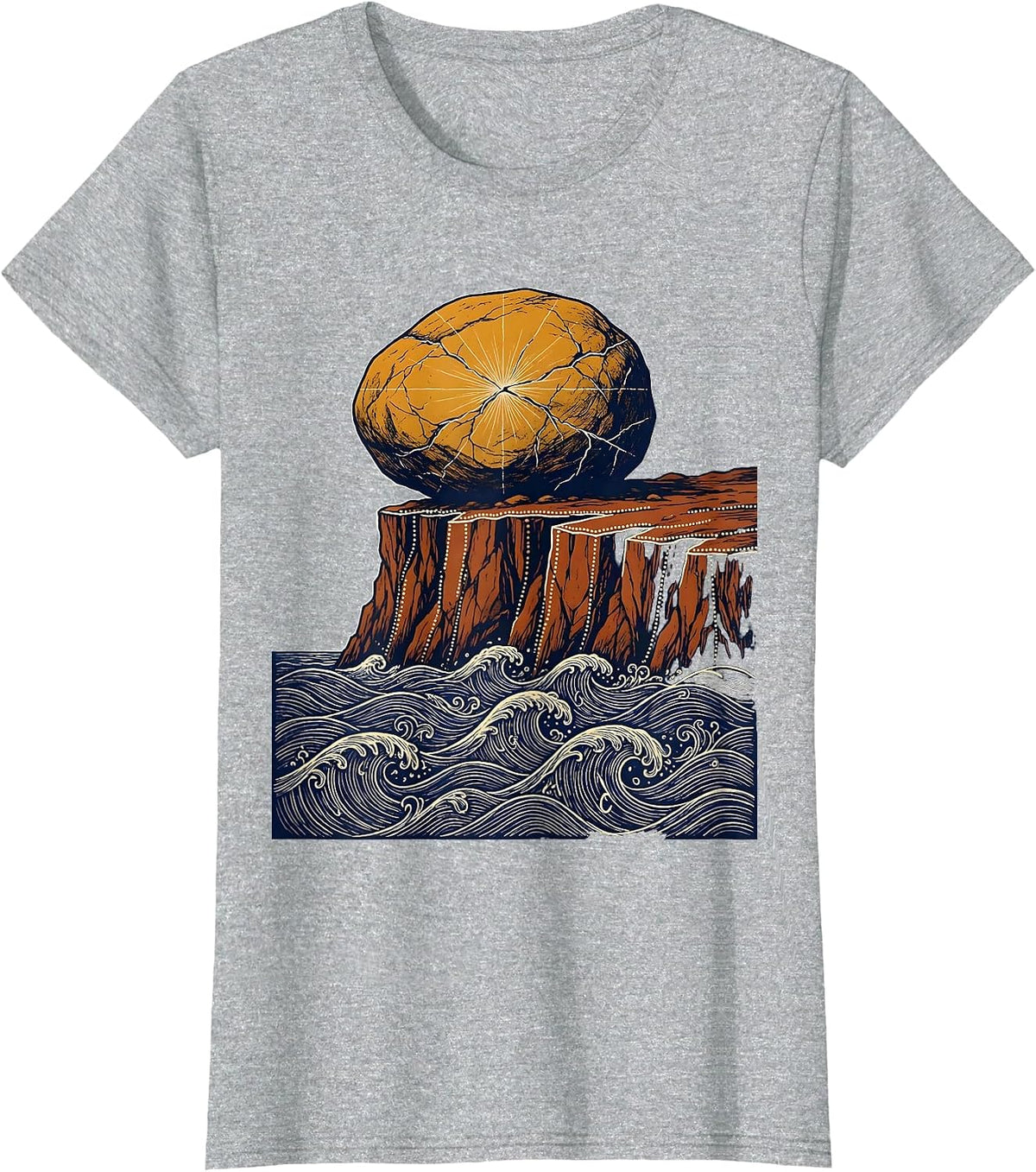 Women's Boulder on Cliff Edge Over Crashing Sea T-Shirt - Heather Grey