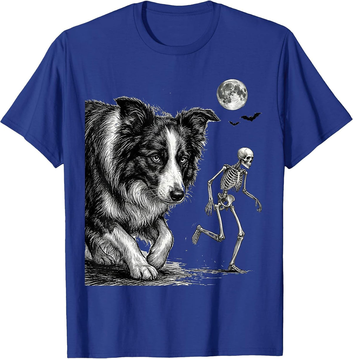 Men's Border Collie Skeleton Chase Funny Dog Mom Halloween T-Shirt - Royal Blue