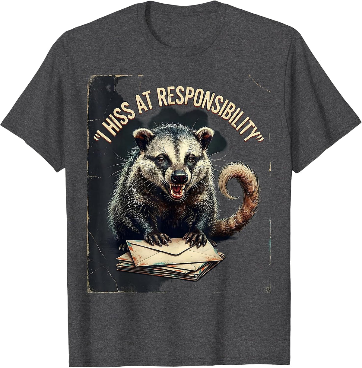 I Hiss At Responsibility Funny Opossum Possum Meme Deadpan T-Shirt - Dark Heather Grey