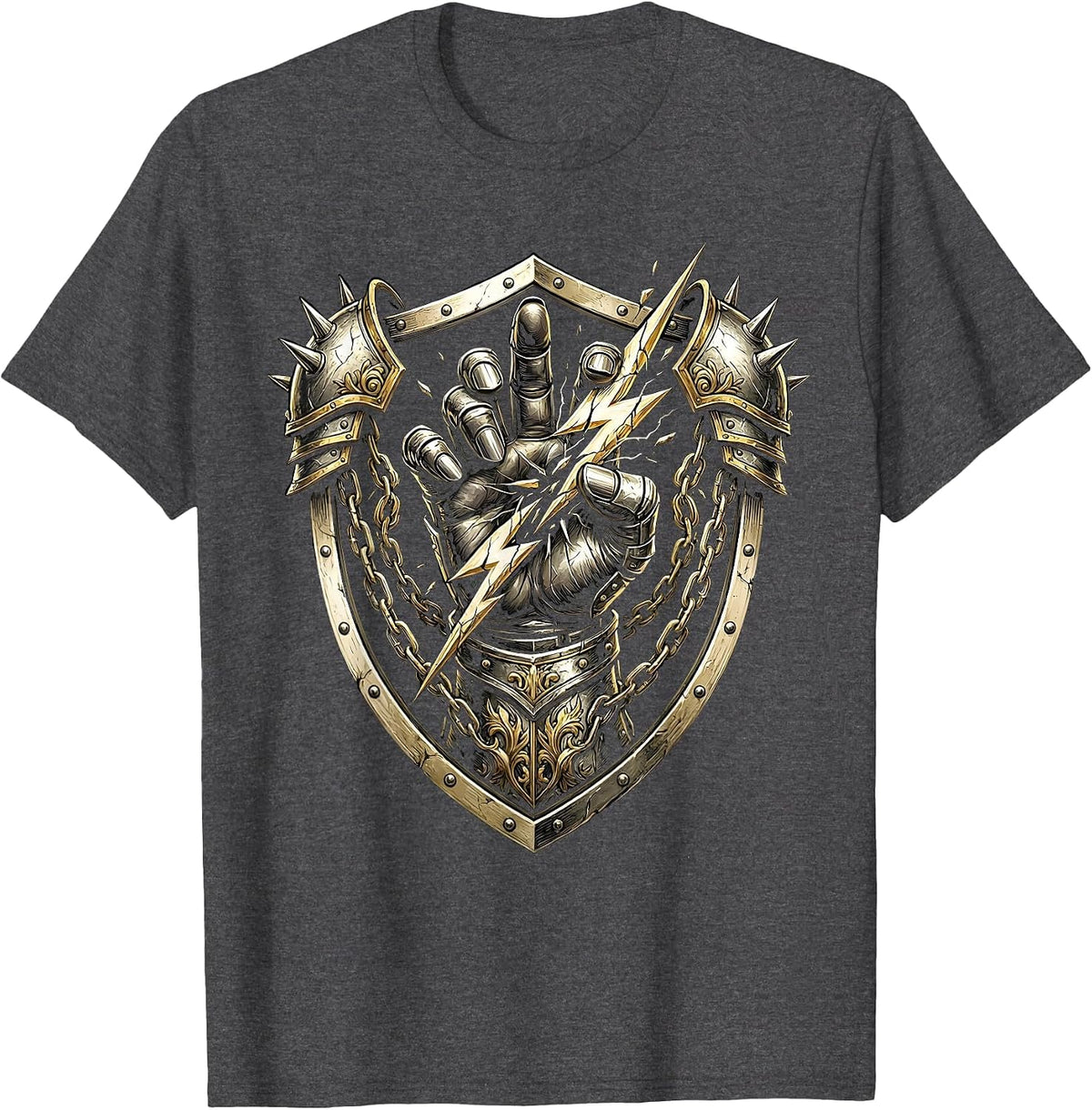 Men's Gauntlet Power Metal Fist Crushing Lightning Bolt T-Shirt - Dark Heather Grey