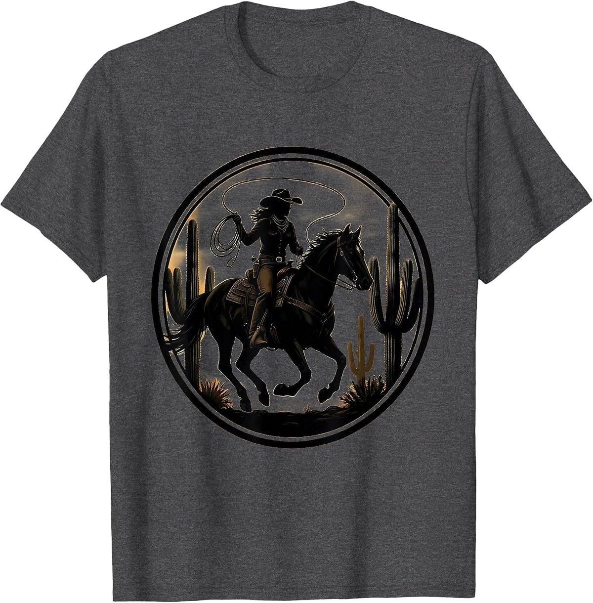 Black Cowgirl Riding Horse Through Cactus Field T-Shirt - Dark Heather Grey
