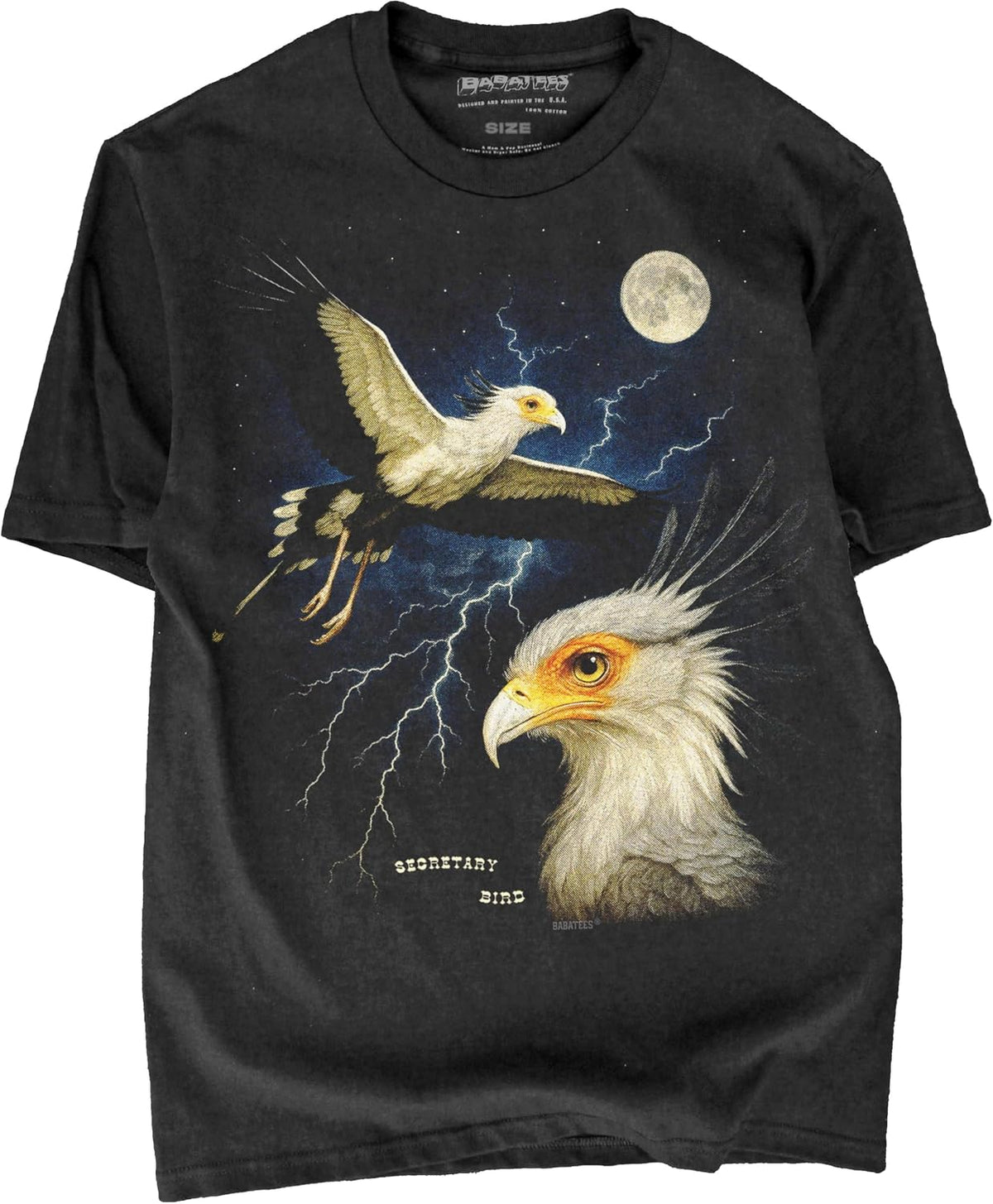 Moonlit Bird Artwork Premium Black T-Shirt for Men & Women - Secretary Bird