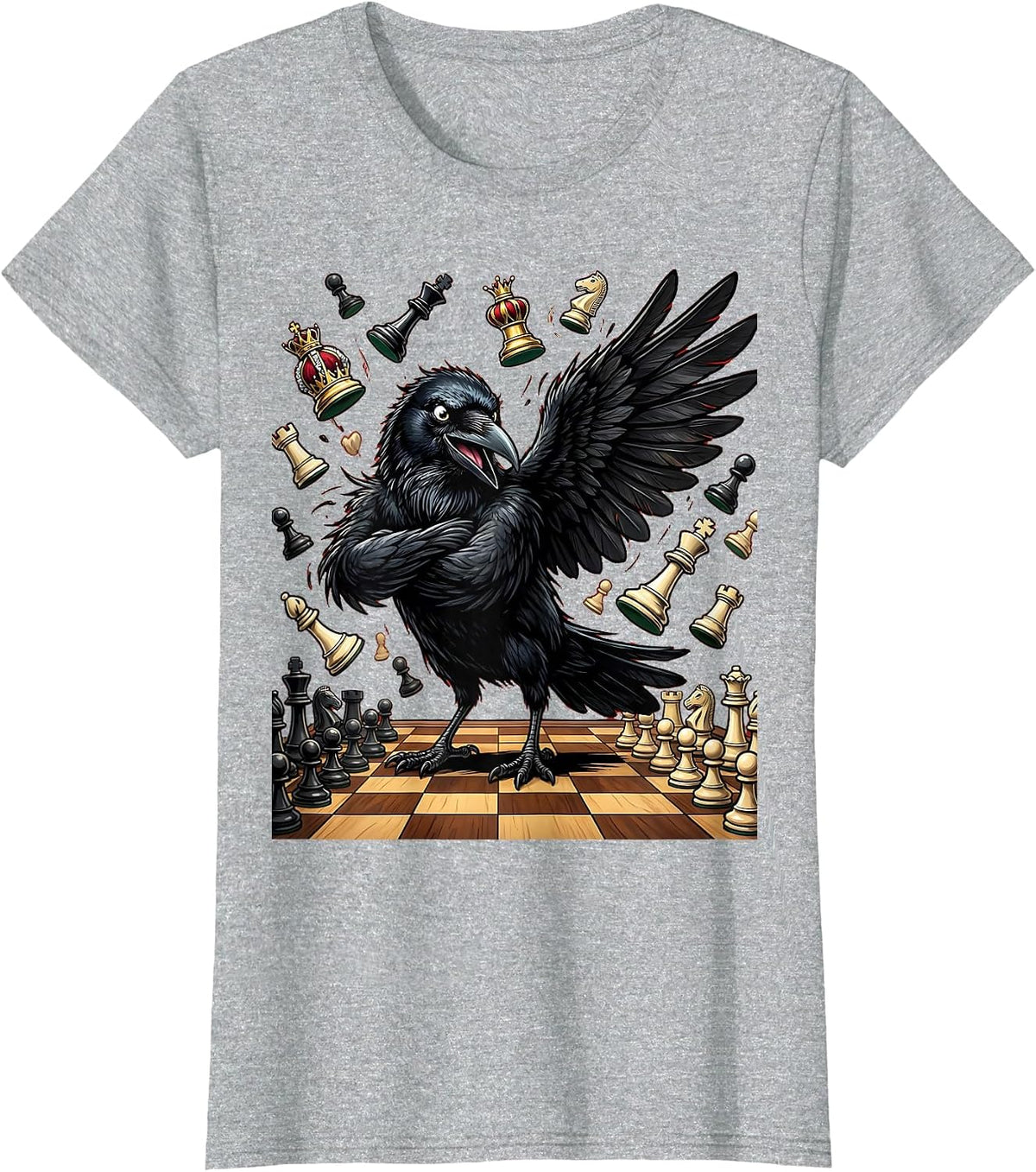 Women's Crow Knocking Chess Pieces Off Board T-Shirt - Heather Grey