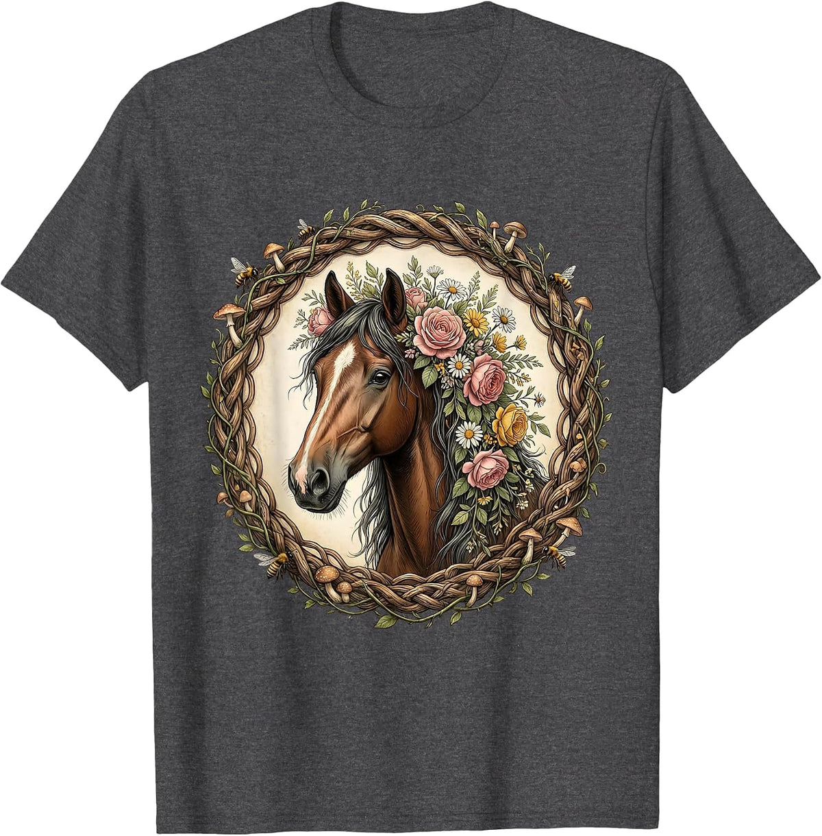 Floral Crown Thoroughbred Horse Derby Design T-Shirt - Dark Heather Grey