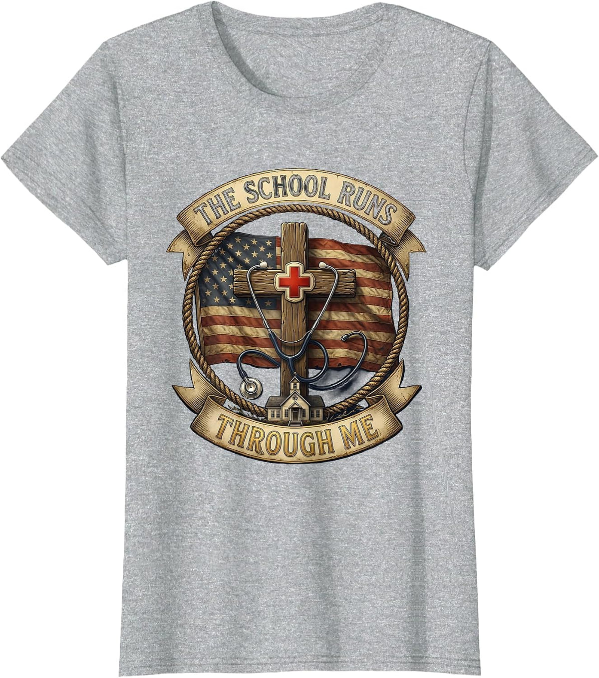 The School Runs Through Me School Nurse Design T-Shirt - Heather Grey