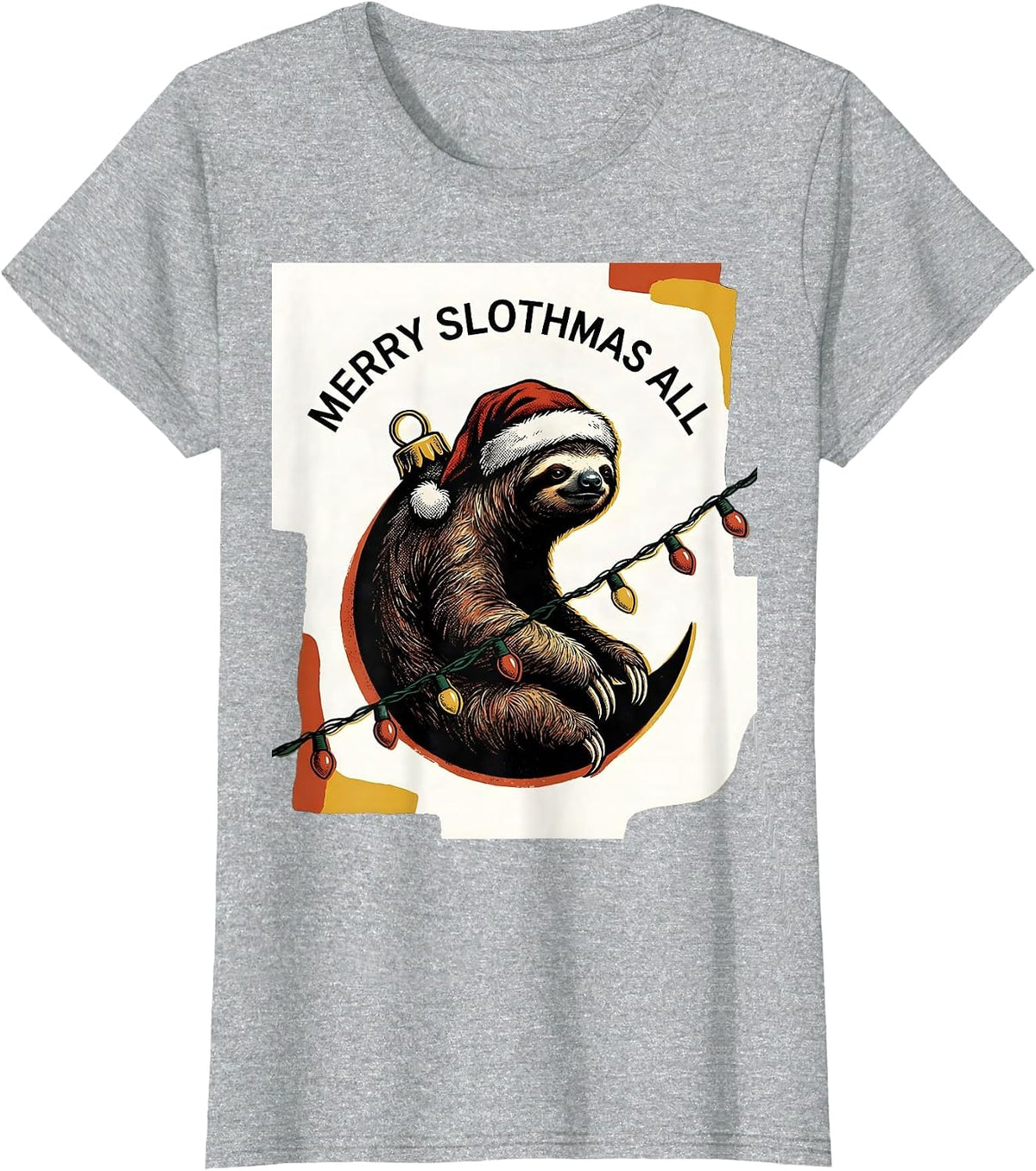 Women's Merry Slothmas, All Funny Sloth Lover Christmas Lights T-Shirt - Heather Grey