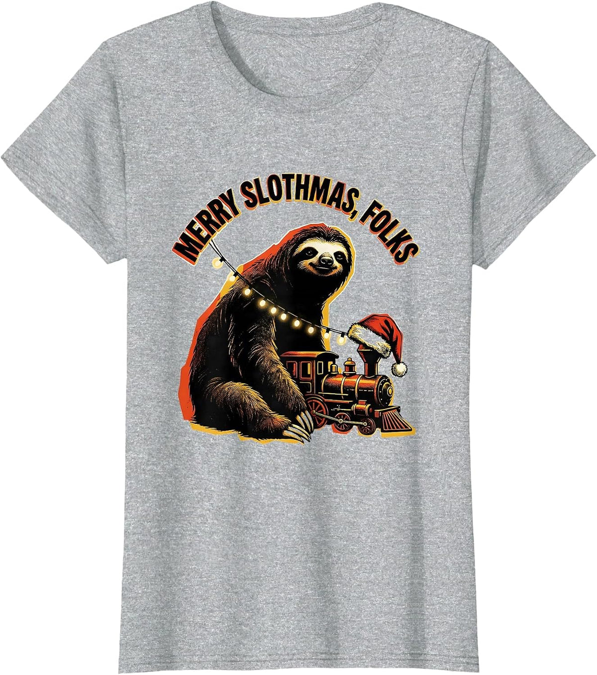 Merry Slothmas Folks Funny Sloth Lover Christmas Lights T-Shirt - Heather Grey