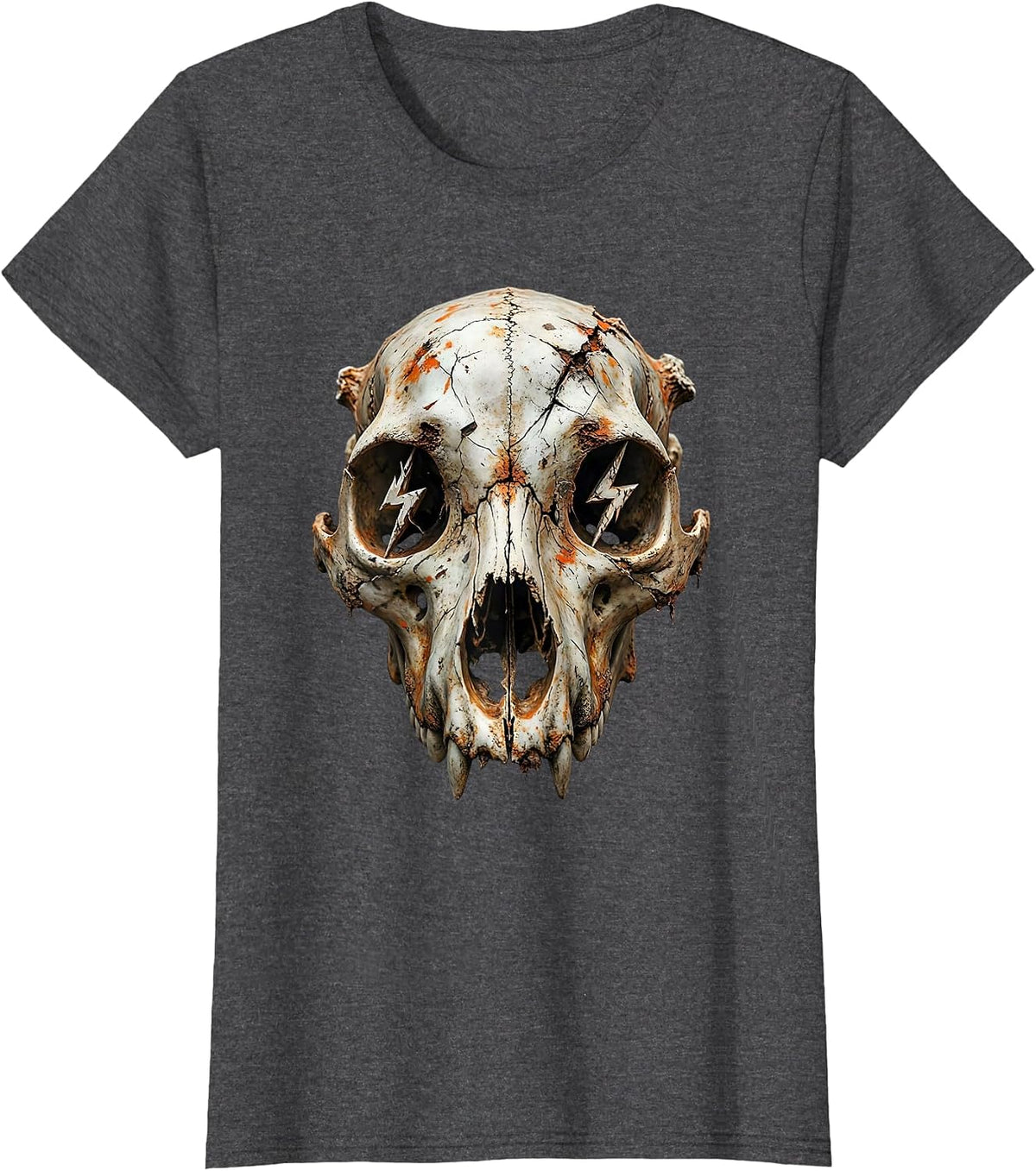 Women's Dog Skull Lightning Bolt Eyes Graphic Design T-Shirt - Dark Heather Grey