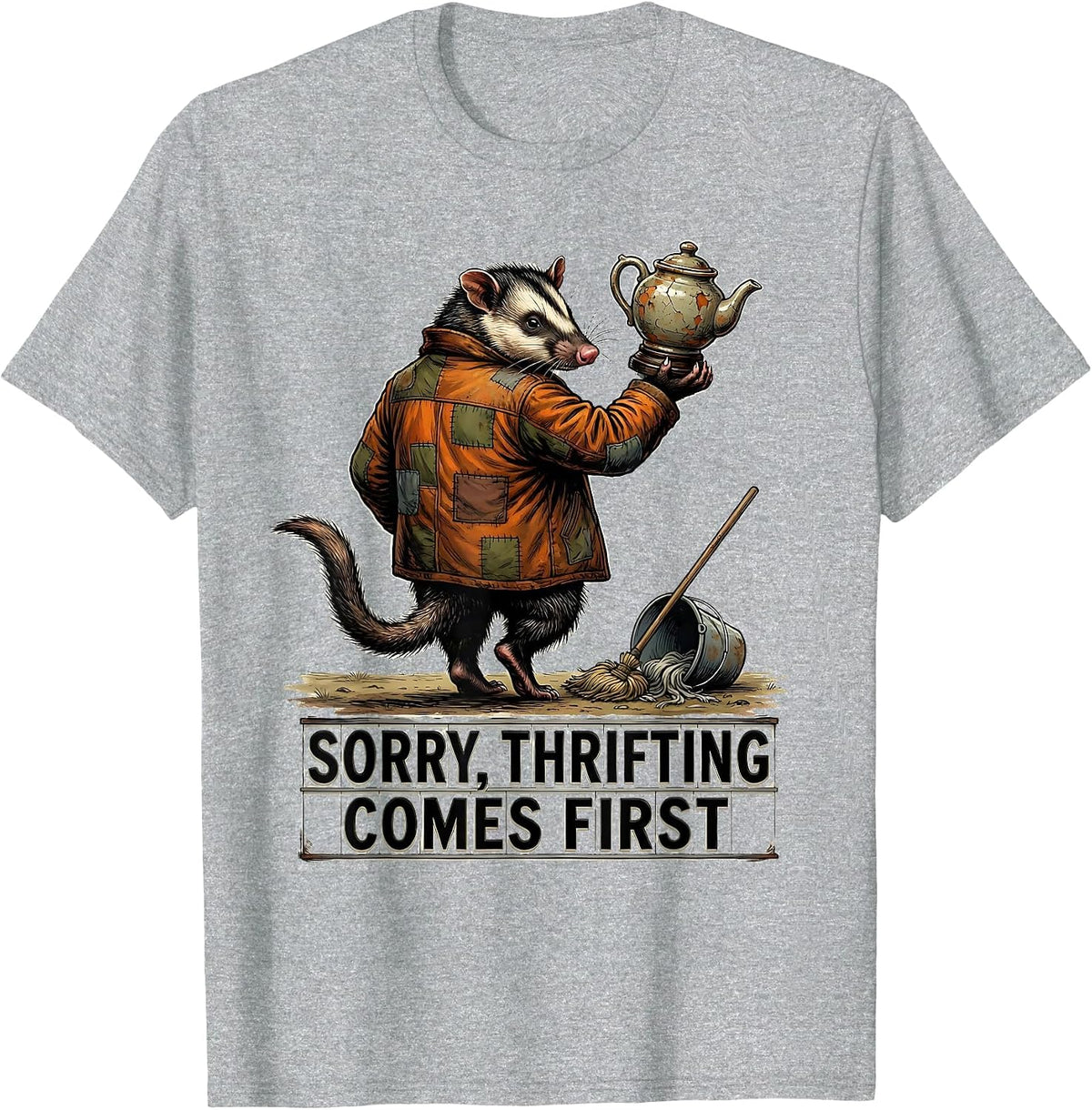 Men's Sorry Thrifting Comes First Funny Opossum Vintage Collector T-Shirt - Heather Grey