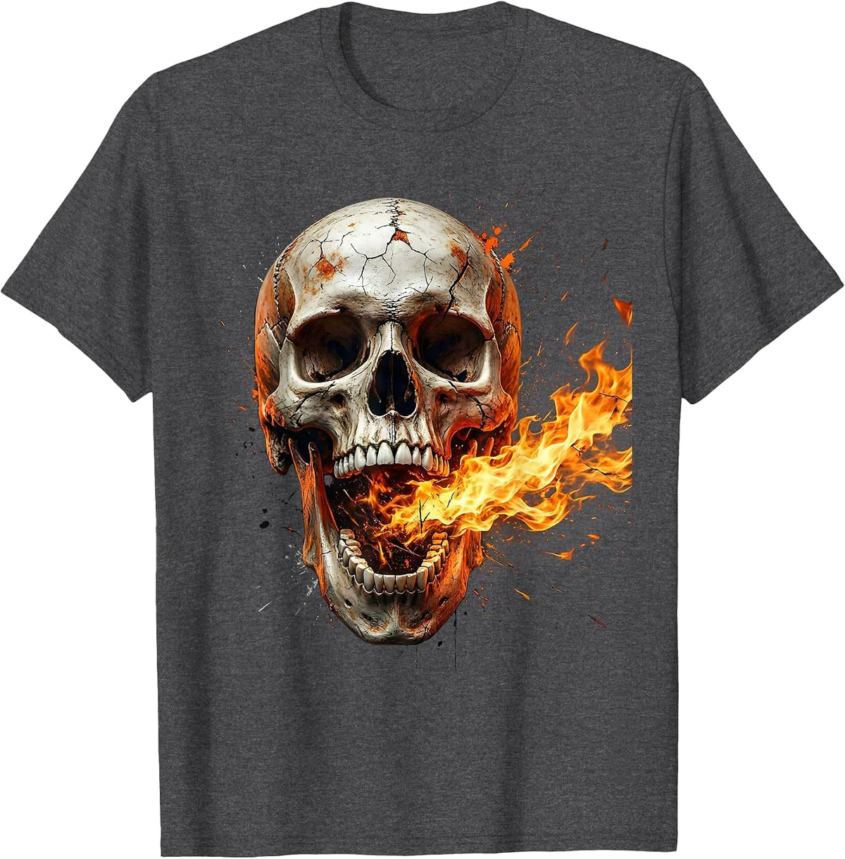 Skull Roaring Fire Unhinged Jaw Graphic Design T-Shirt - Dark Heather Grey