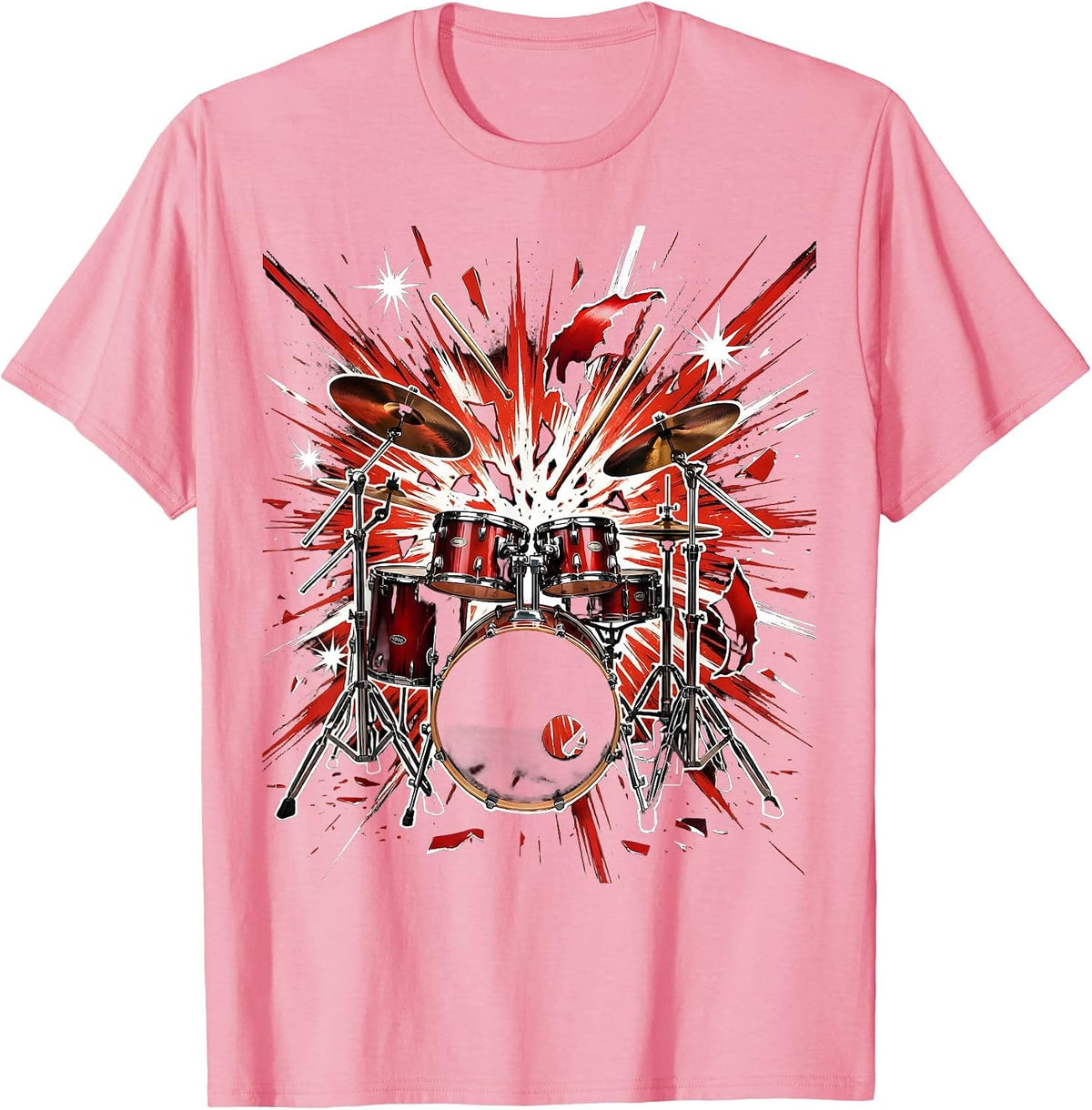 Drum Kit Exploding Fireworks Rock Band Graphic T-Shirt - Pink