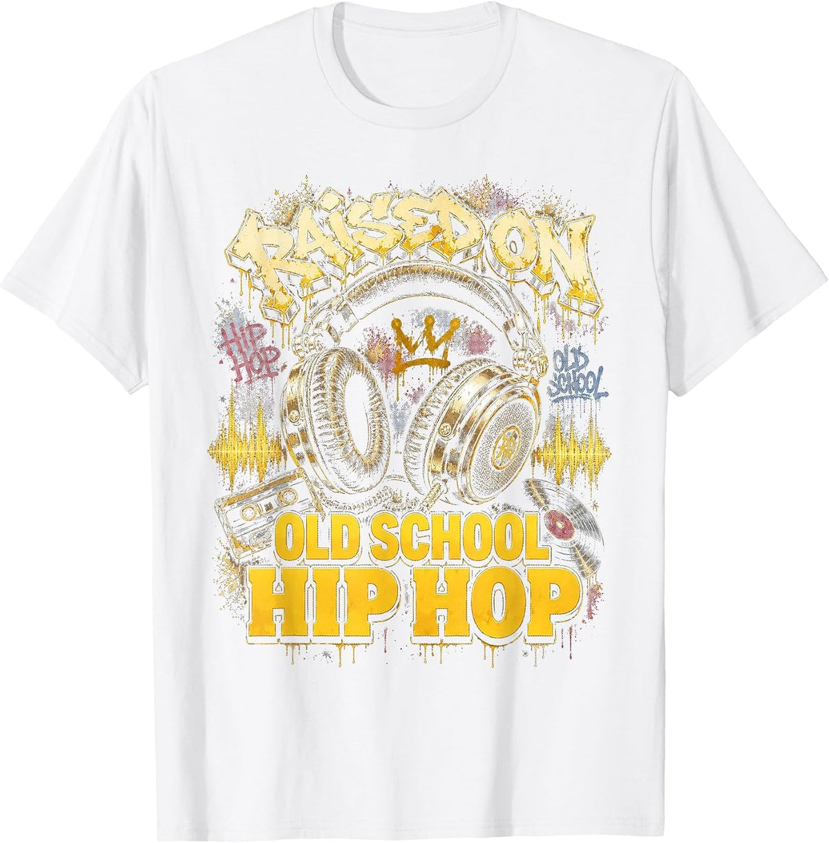 Raised On Old School Hip Hop Cassette Graffiti Rap T-Shirt, Men, White, Small - As Pictured