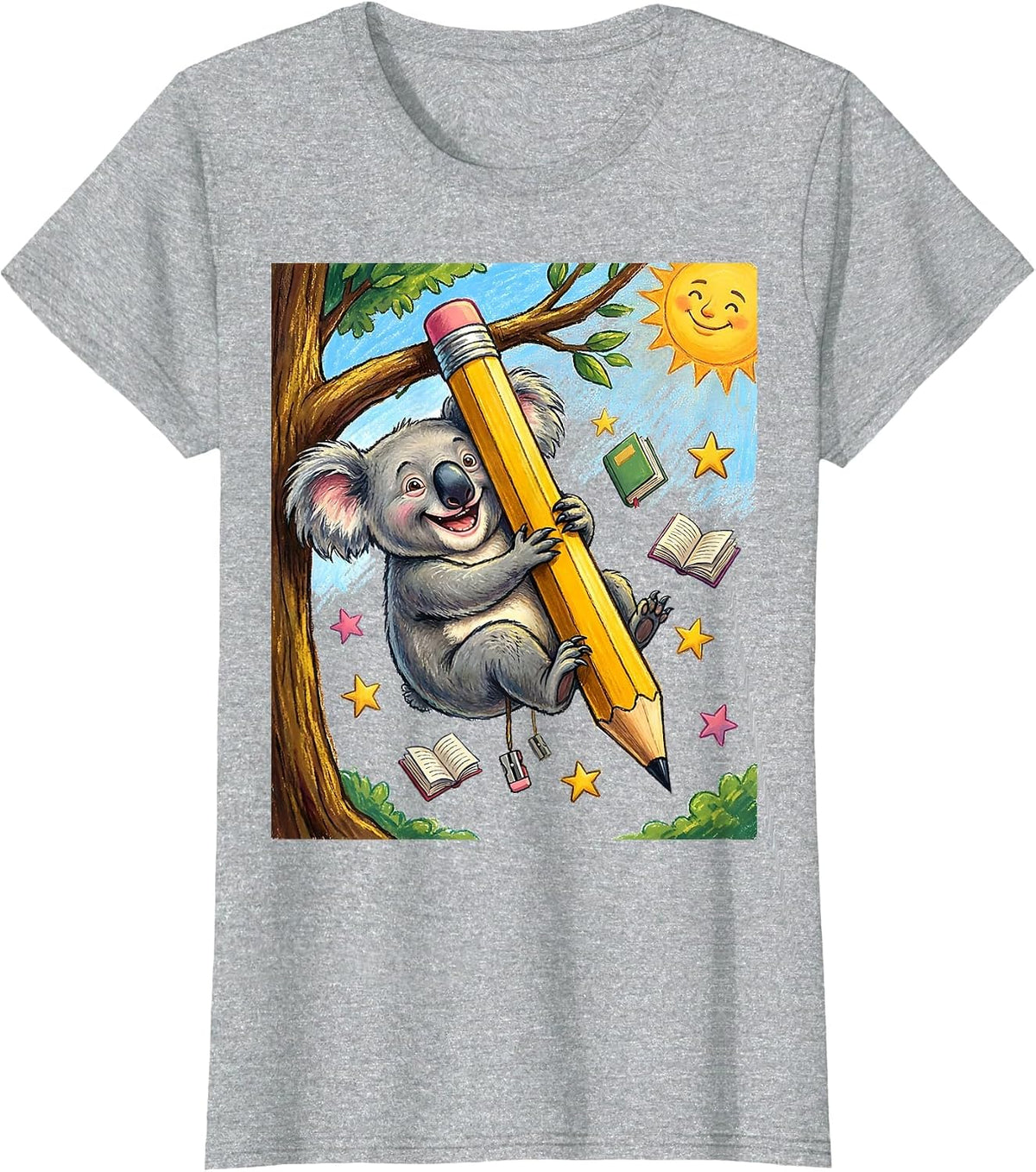 Koala on Pencil Back to School Kids Graphic T-Shirt - Heather Grey