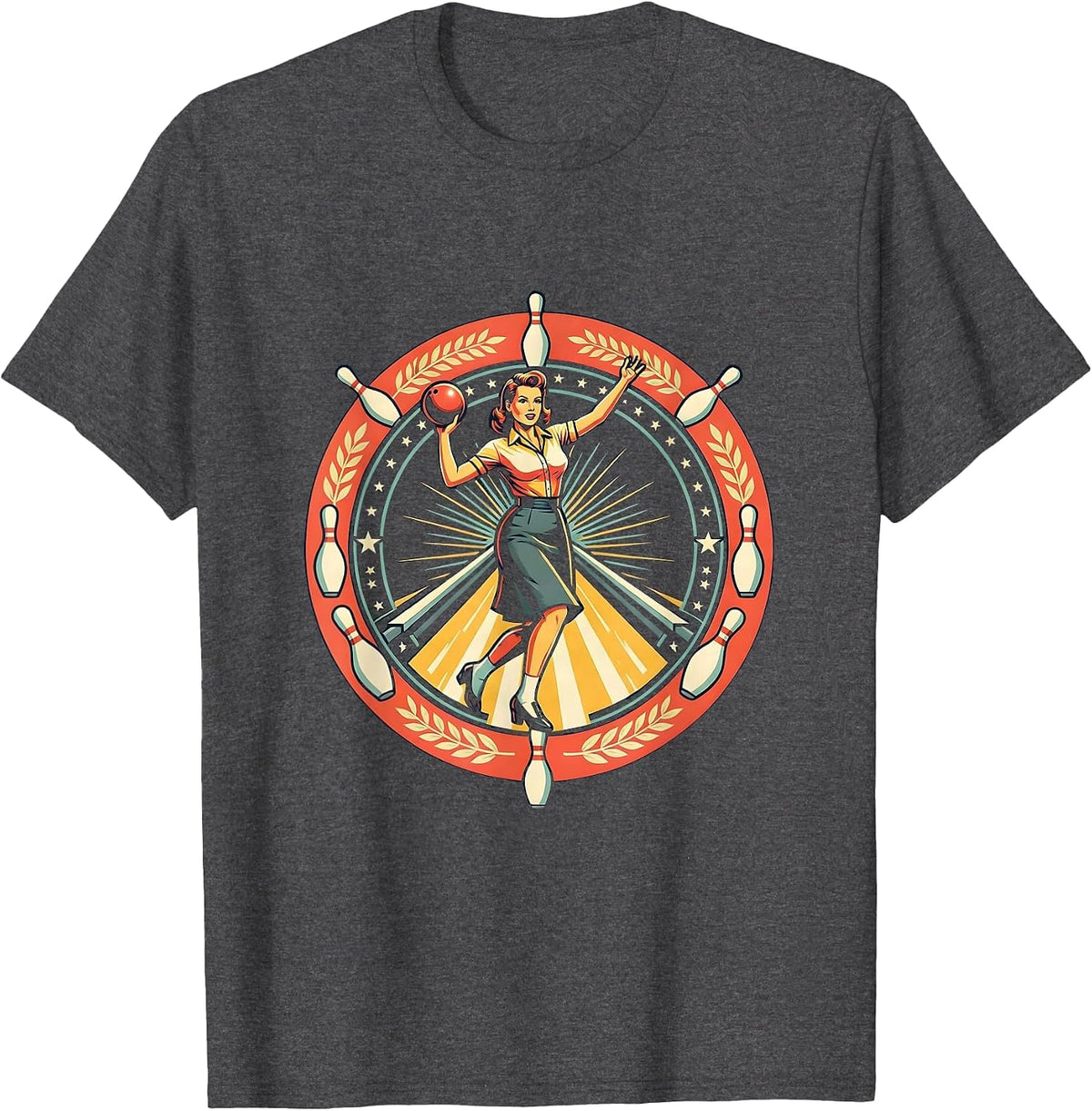 Vintage Pin-Up Bowler Retro Bowling Lane Art T-Shirt - Dark Heather Grey