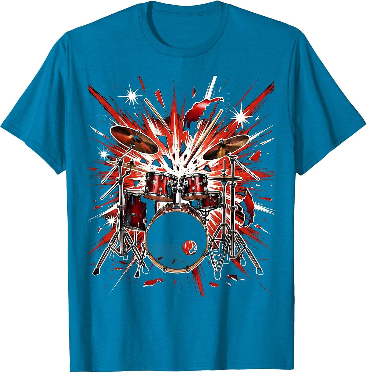 Drum Kit Exploding Fireworks Rock Band Graphic T-Shirt - Sapphire Blue