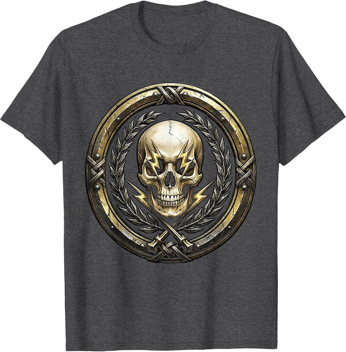 Skull With Lightning Bolt Eyes Metal Band Graphic T-Shirt - Dark Heather Grey