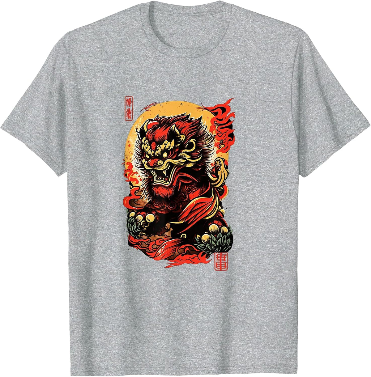 Mad Lion Dance Chinese Foo Dog T-Shirt - Heather Grey