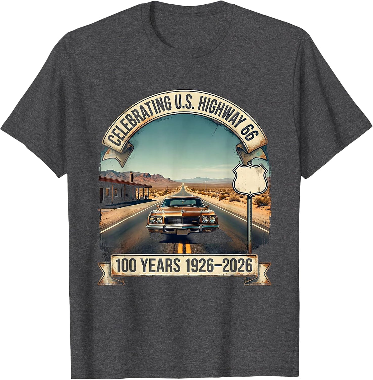 Men's Celebrating U.S. Highway 66 100 Years 1926-2026 Vintage T-Shirt - Dark Heather Grey