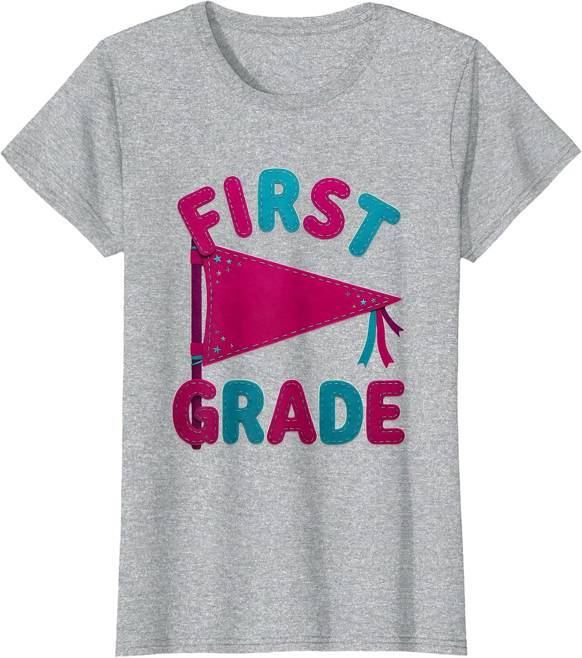 First Grade Cheerful Pennant Back To School Girl T-Shirt - Heather Grey