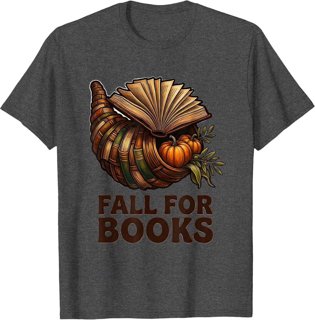 Men's Fall For Books Folk Art Teacher Book Lover Autumn Pumpkin T-Shirt - Dark Heather Grey