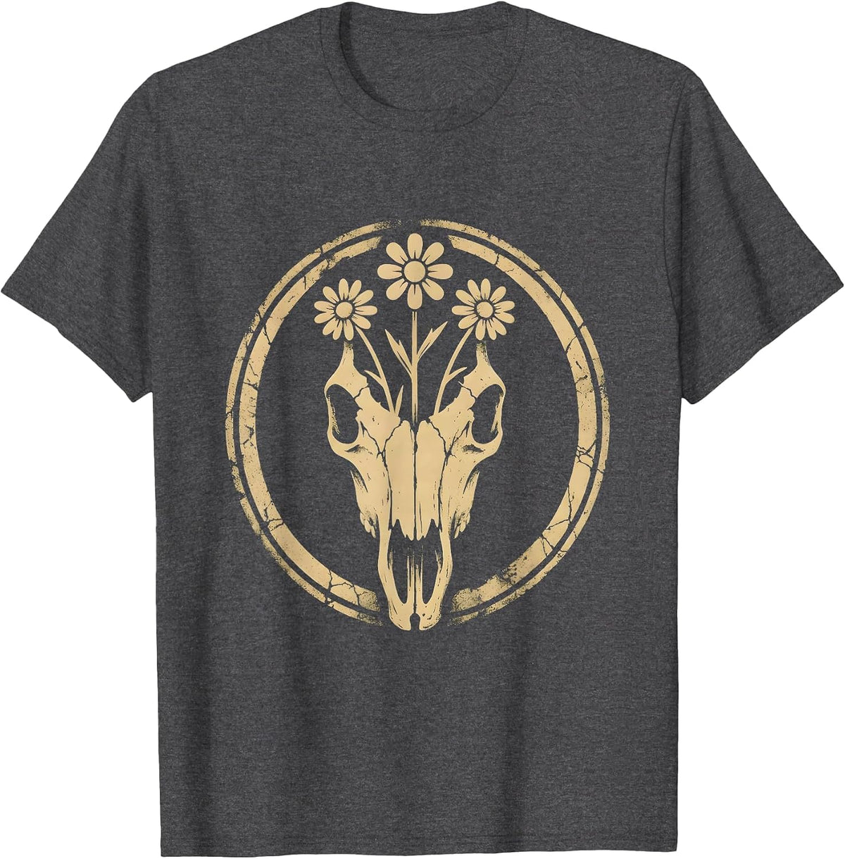 Men's Horse Skull Wildflowers Gothic Floral Art Design T-Shirt - Dark Heather Grey