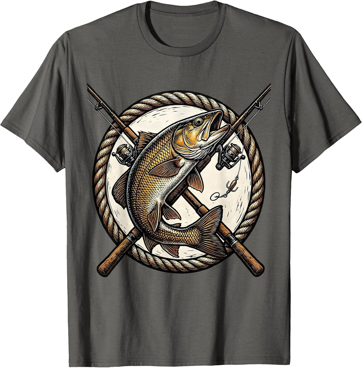 Crossed Fishing Rods Leaping Trout Badge Design T-Shirt - Asphalt Grey