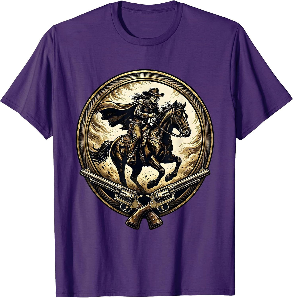 Female Outlaw Riding Horse Through Dust Storm T-Shirt - Purple