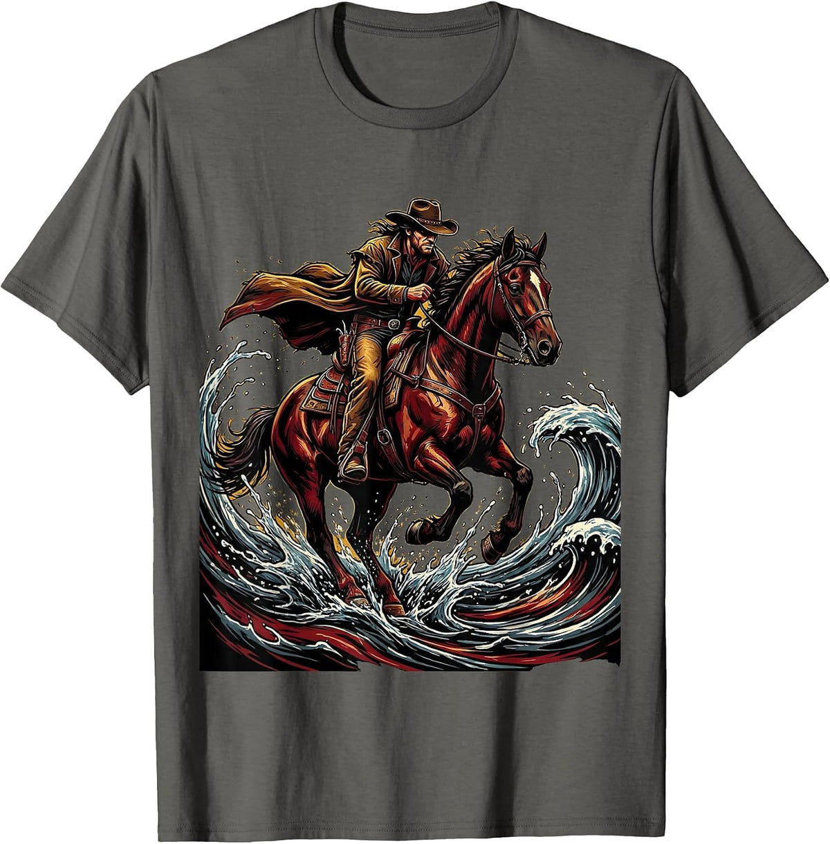 Cowboy Riding Hard Through River Splash T-Shirt - Asphalt Grey