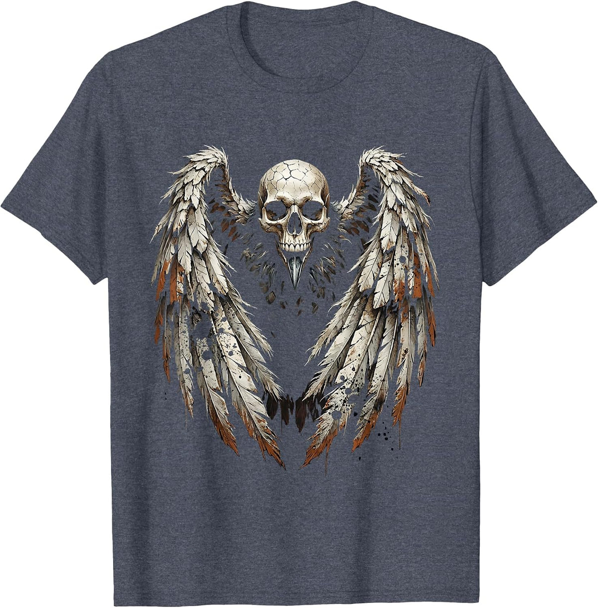 Crow Skull Spread Wings Dark Gothic Illustration T-Shirt - Heather Blue
