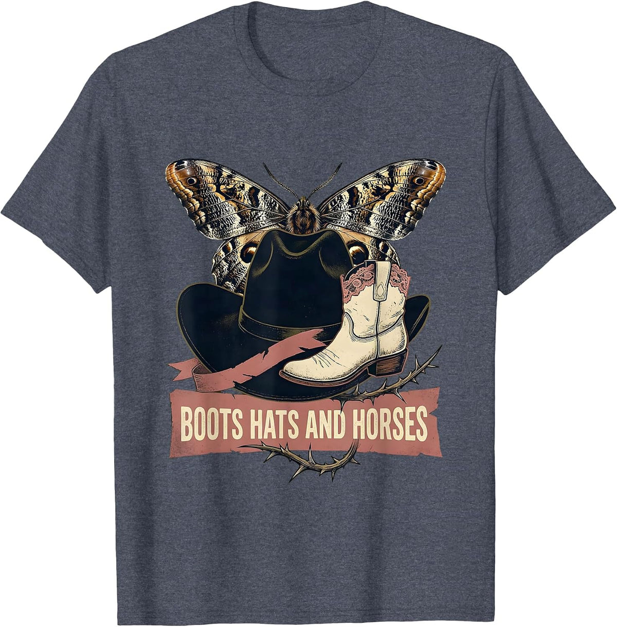 Boots Hats and Horses Cowgirl Design T-Shirt - Heather Blue