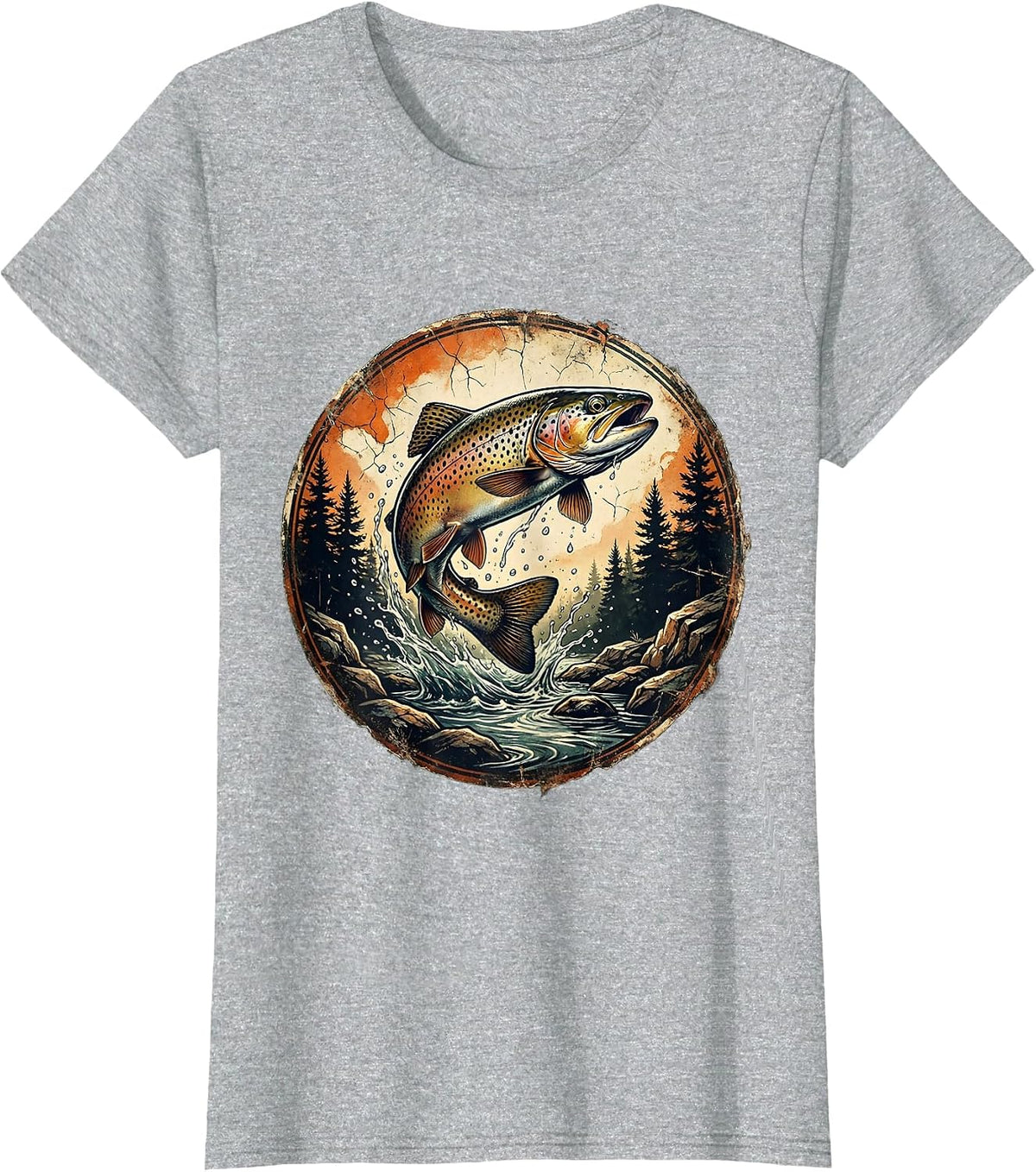 Leaping Brook Trout Forest Stream Fishing Graphic T-Shirt - Heather Grey