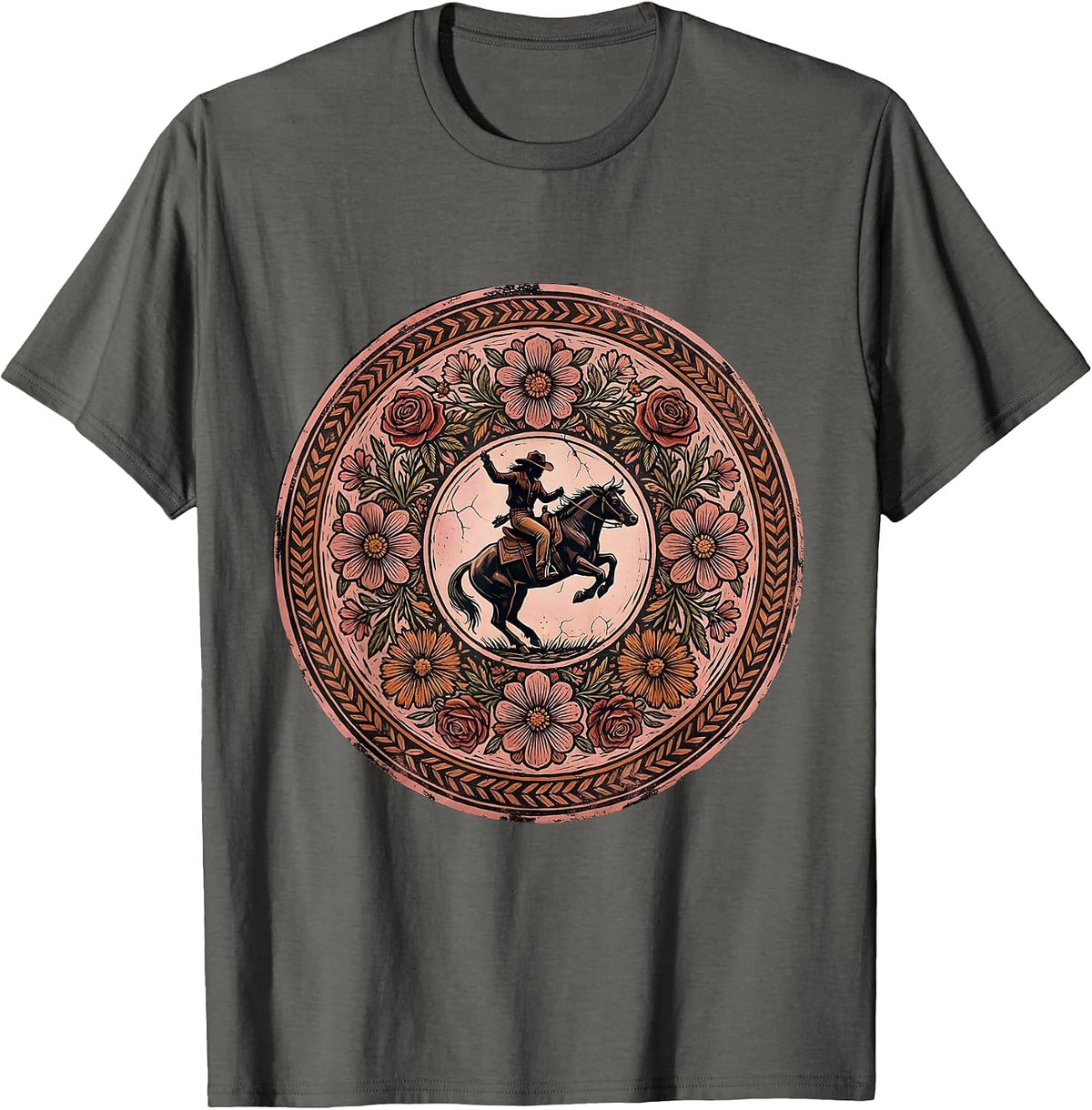 Pink Cowgirl Riding Bucking Bronco Rodeo Art T-Shirt - Asphalt Grey