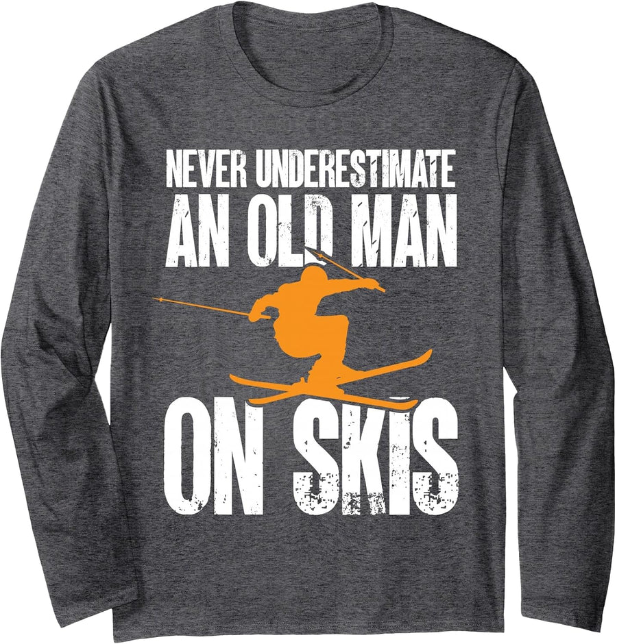 Nordic Skier Skiing Never Underestimate an Old Man On Skis Long Sleeve T-Shirt - Adult Unisex Dark Heather Grey