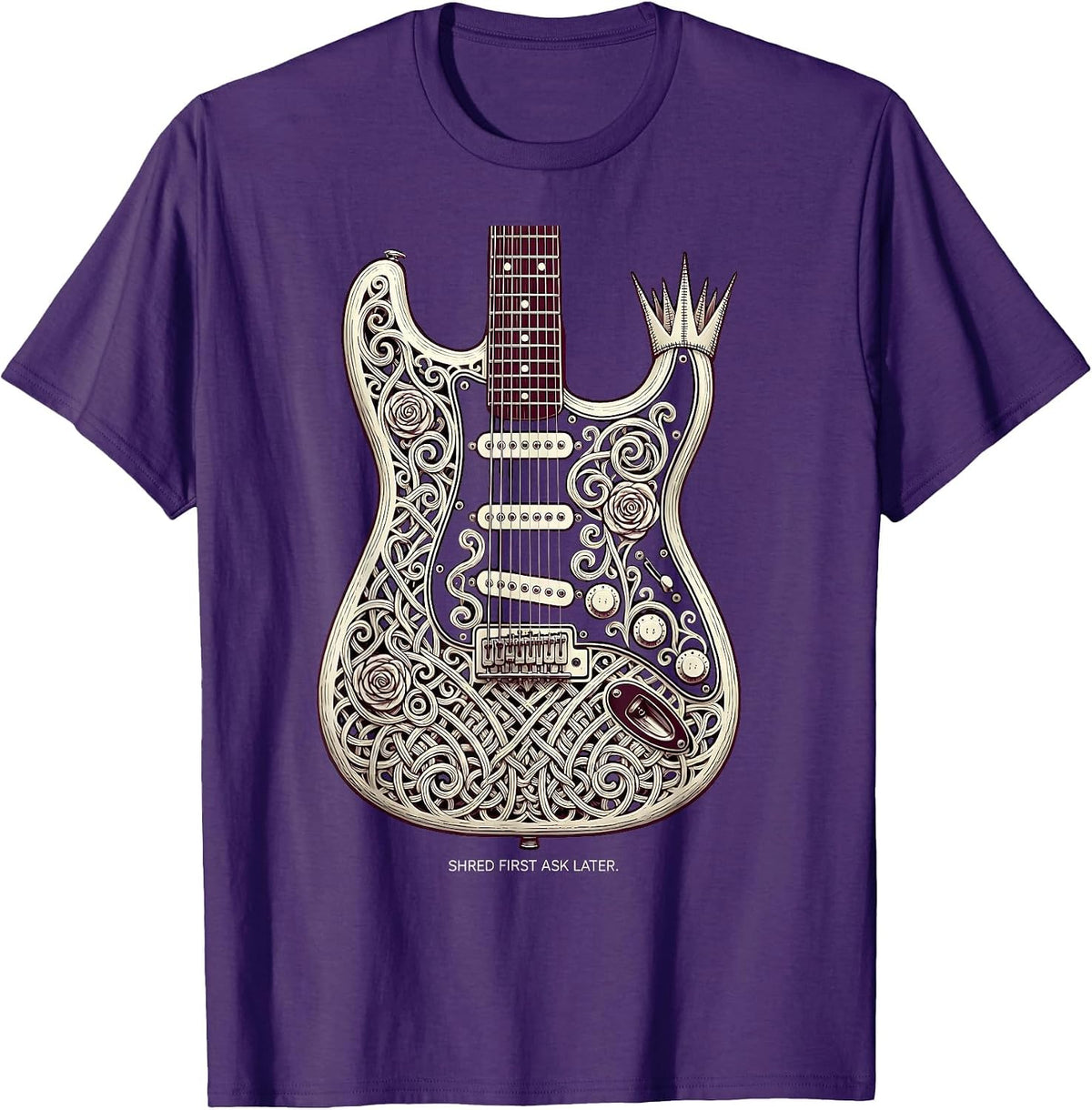 Men's Shred First Ask Later Heavy Metal Guitar Design T-Shirt - Purple