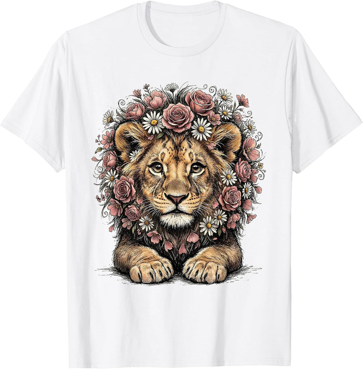 Men's Kids Brave Lion Pink Flower Mane Cancer Awareness T-Shirt - White