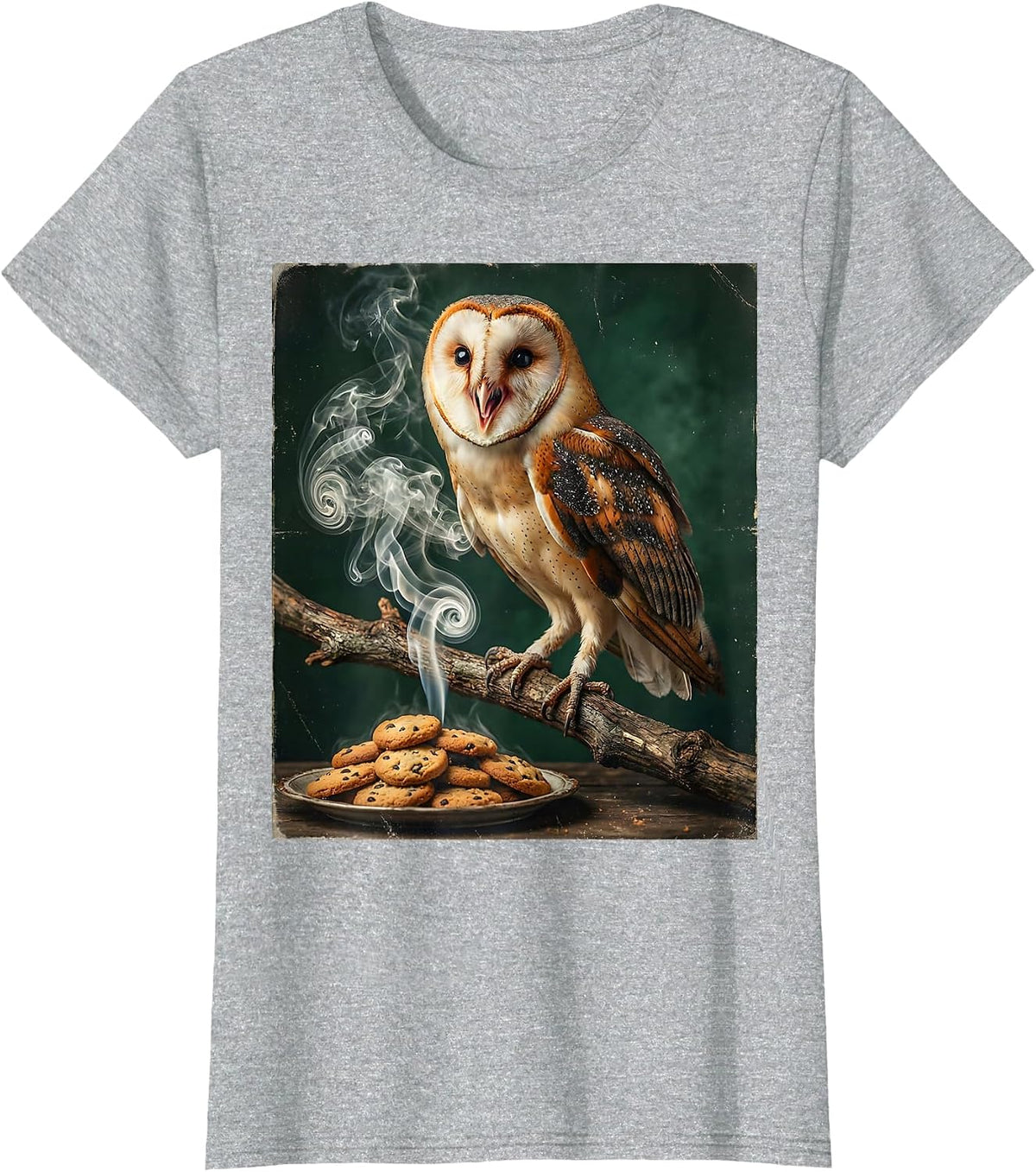 Women's Owl Sniffing Cookie Smoke Funny Halloween Graphic T-Shirt - Heather Grey