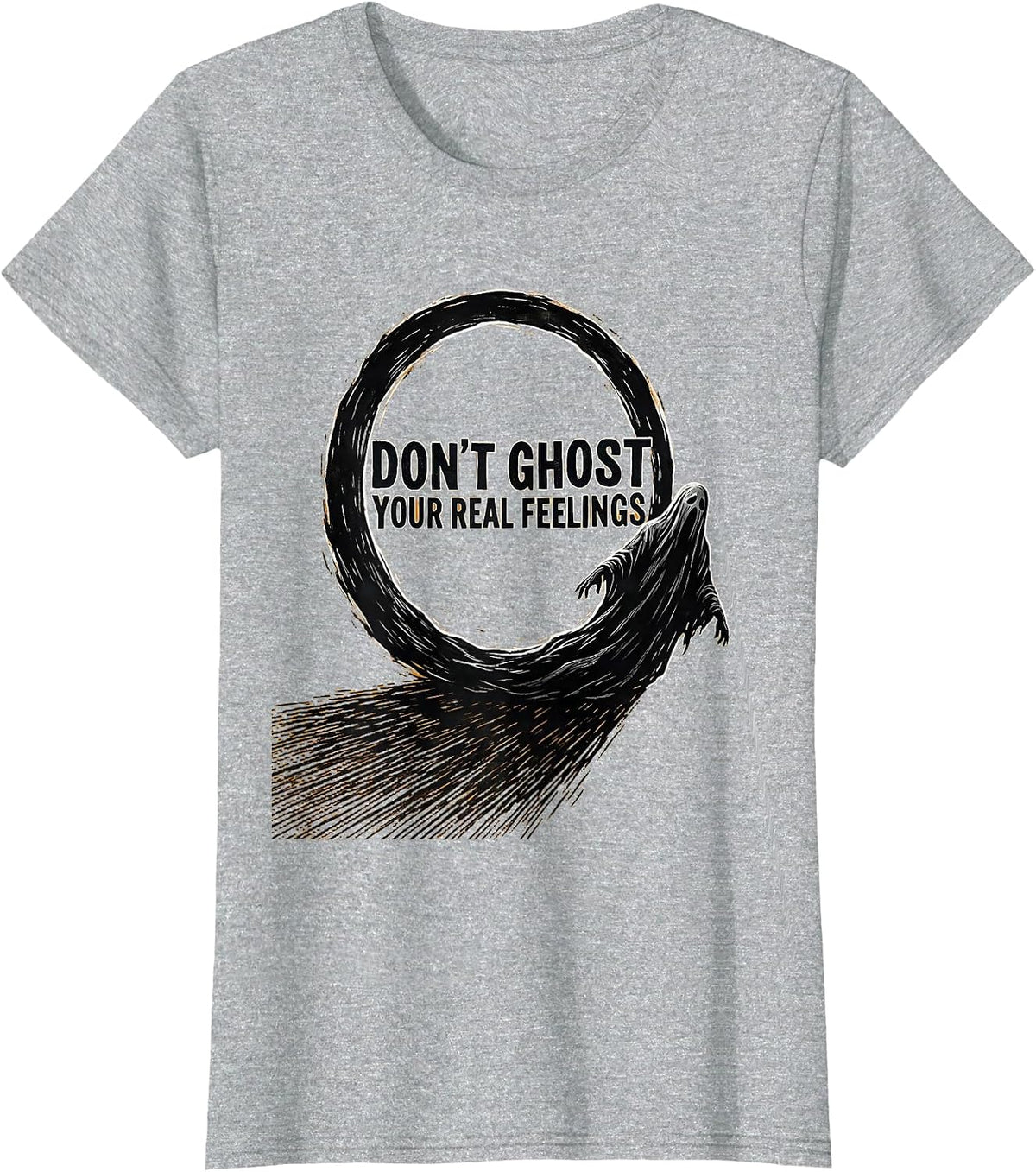 Don't Ghost Your Real Feelings Linocut Halloween Mental T-Shirt - Heather Grey