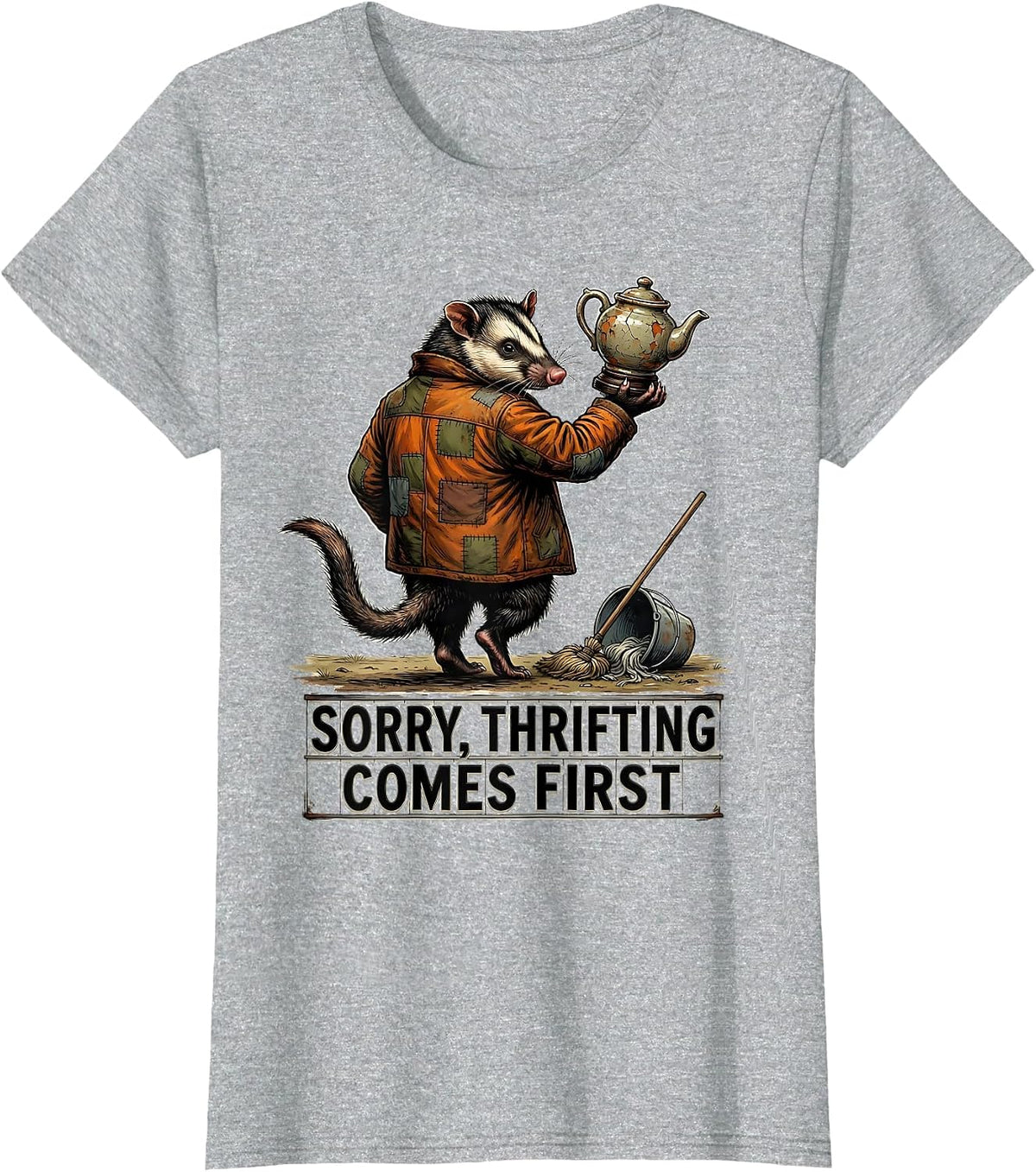 Women's Sorry Thrifting Comes First Funny Opossum Vintage Collector T-Shirt - Heather Grey
