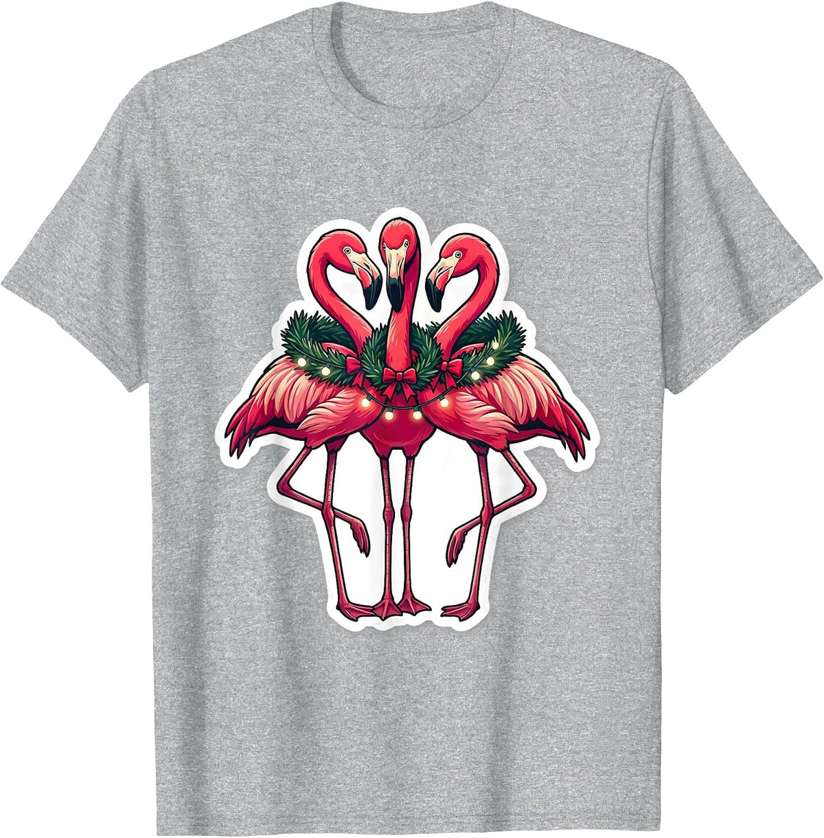 Men's Pink Flamingo Cluster Holiday Novelty Sticker Style T-Shirt - Heather Grey