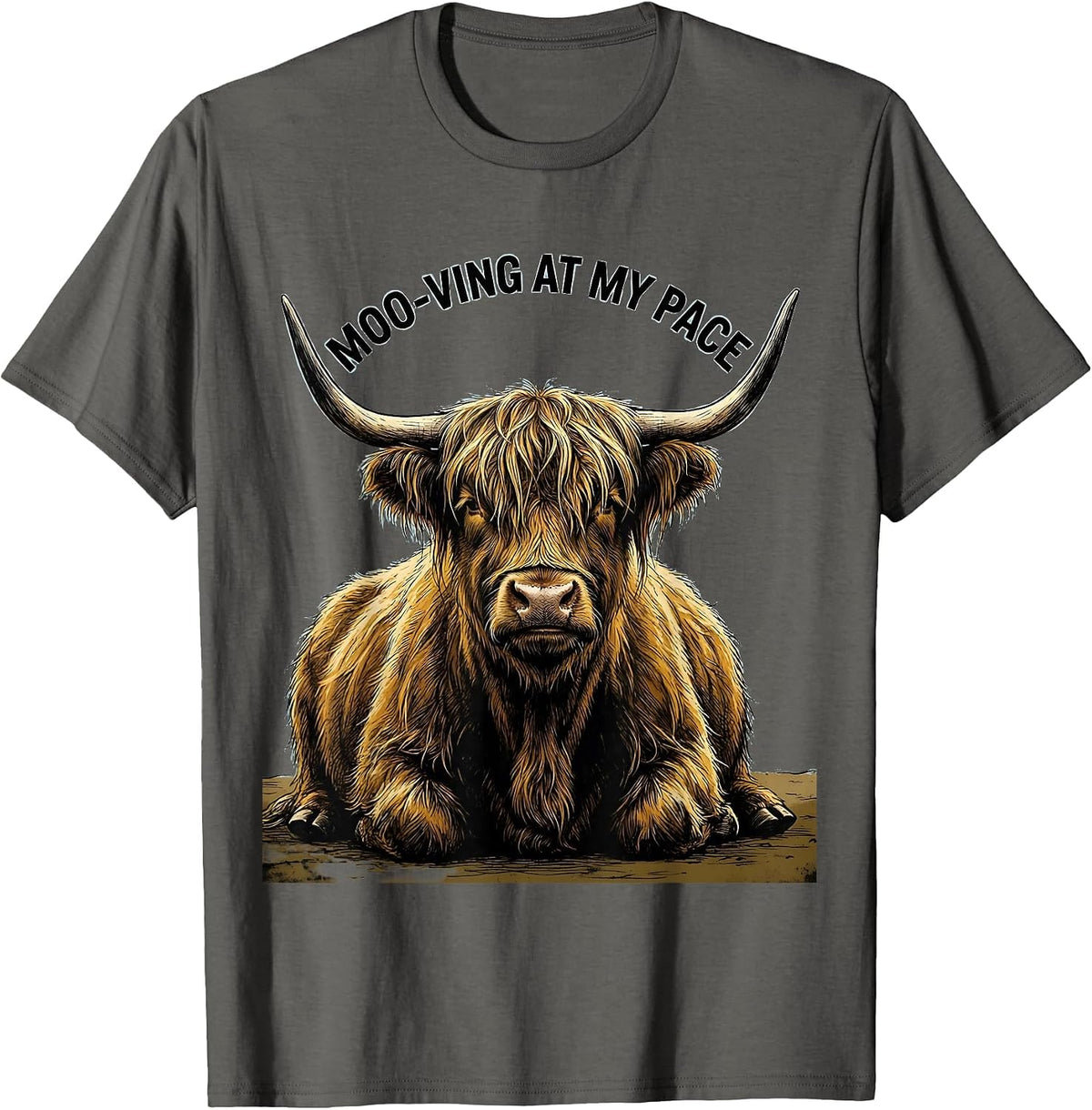 Moo-ving At My Pace Funny Highland Cow Farm Animal Lover T-Shirt - Asphalt Grey
