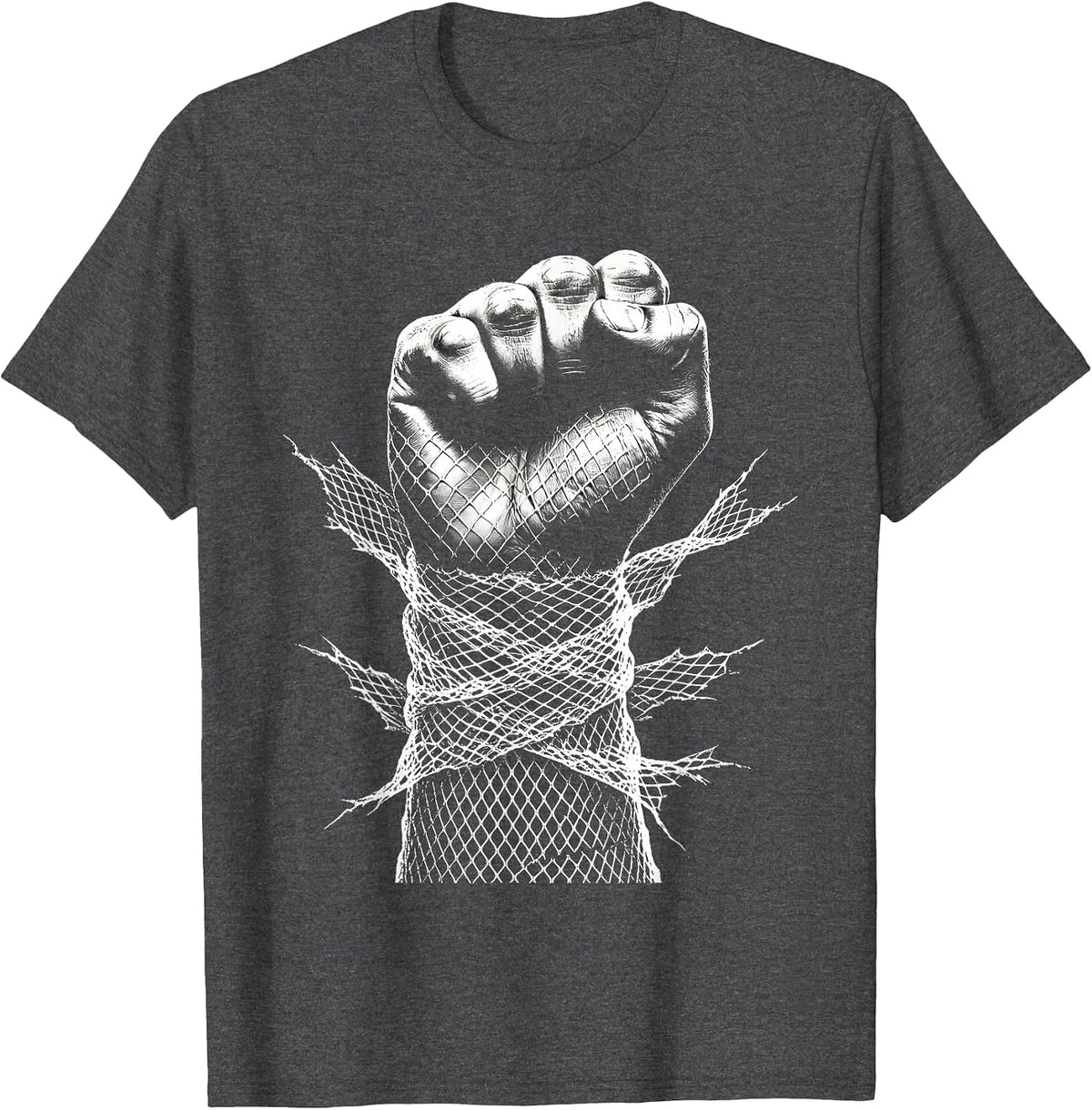 Punk Fishnet Fist Graphic Design T-Shirt - Dark Heather Grey