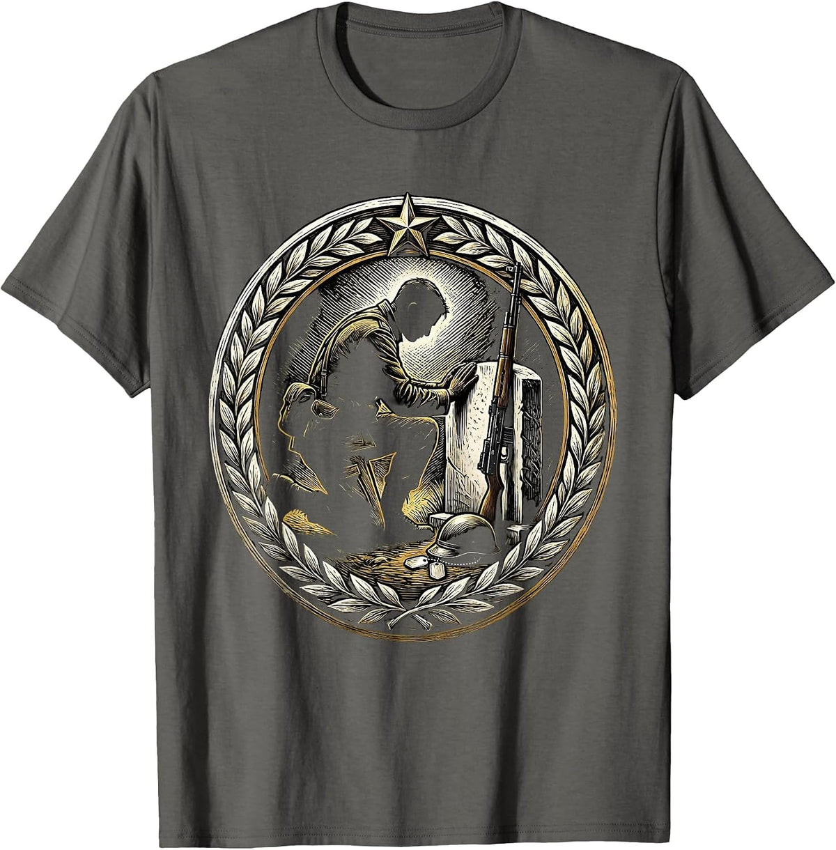 Soldier Kneeling at Grave Memorial Tribute T-Shirt - Asphalt Grey