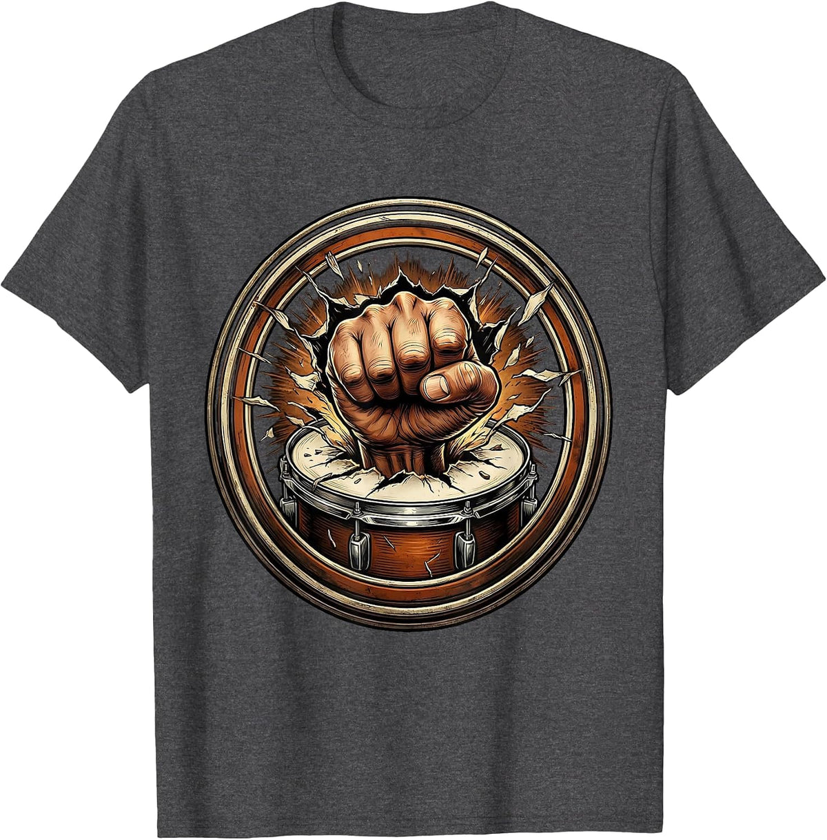 Fist Through Bass Drum Rock Band Graphic T-Shirt - Dark Heather Grey